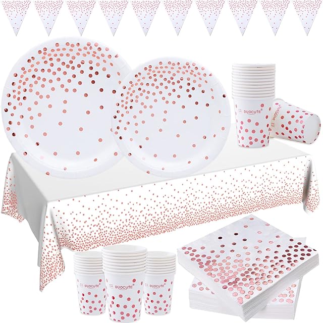 Rose Gold Dot and White Party Supplies 99 Pieces Rose Golden Dot Party Tableware Paper Plates, Napkins, 9oz Cups, Tablecloth, Banner, for Wedding, Birthday, Anniversary, Bachelorette Party (24 Guest)