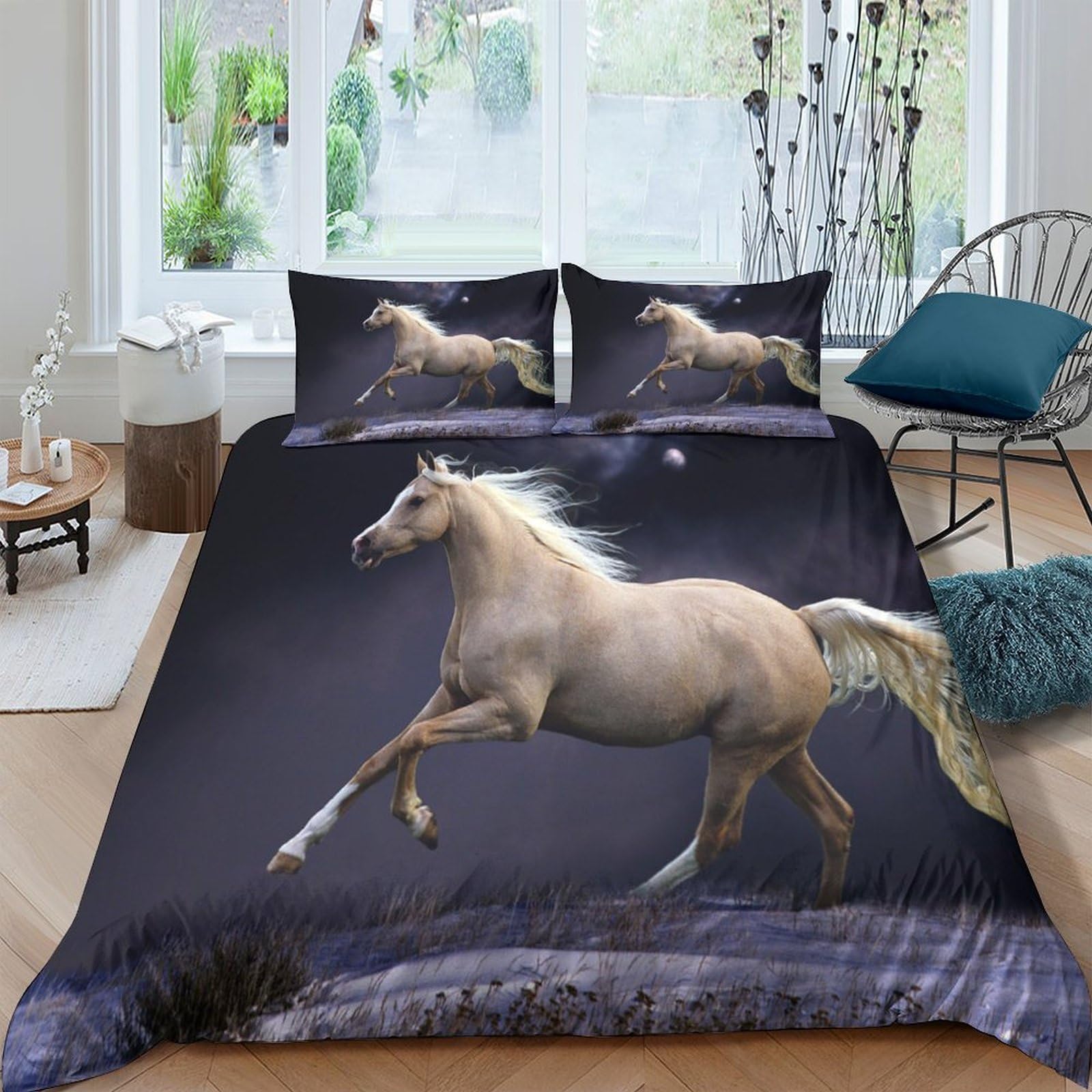 TUFRTGYHN 3D Printed Horse Running Duvet Cover Microfiber Soft Breathable Golden Stallion Bedding Set with 2 Pillowcases for Bedroom Decor Single（135x200cm）