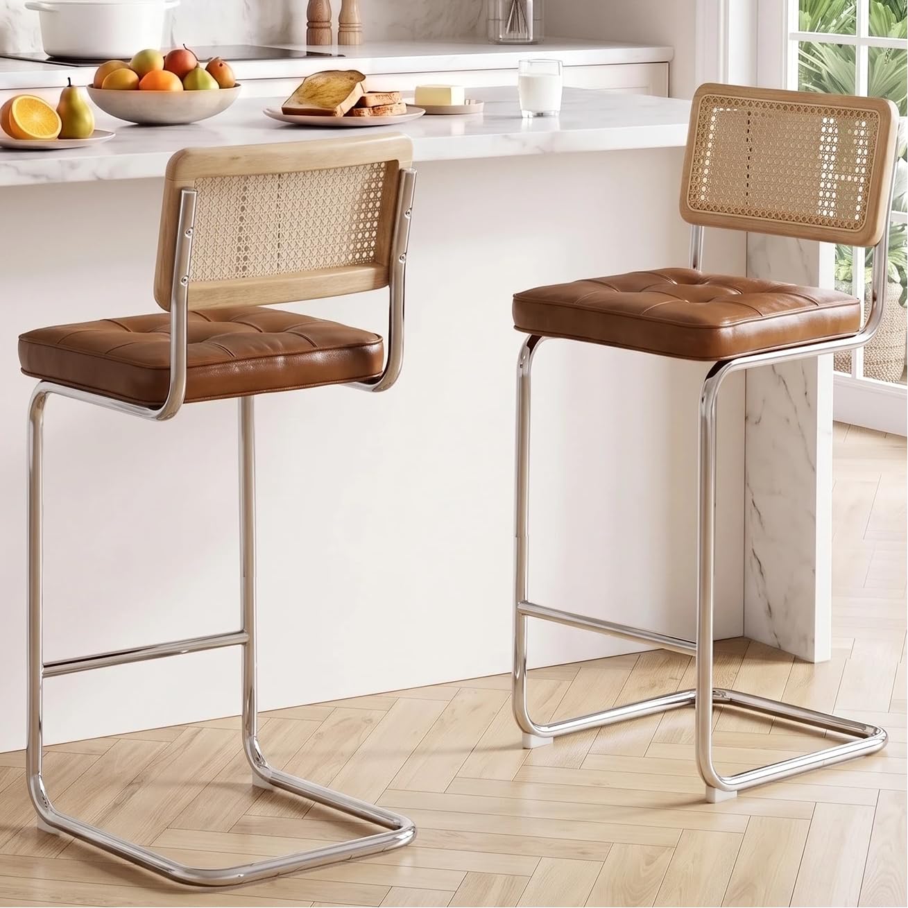 Zesthouse Natural Rattan Bar Stools Set of 2, Modern Boho Bar Height Stools