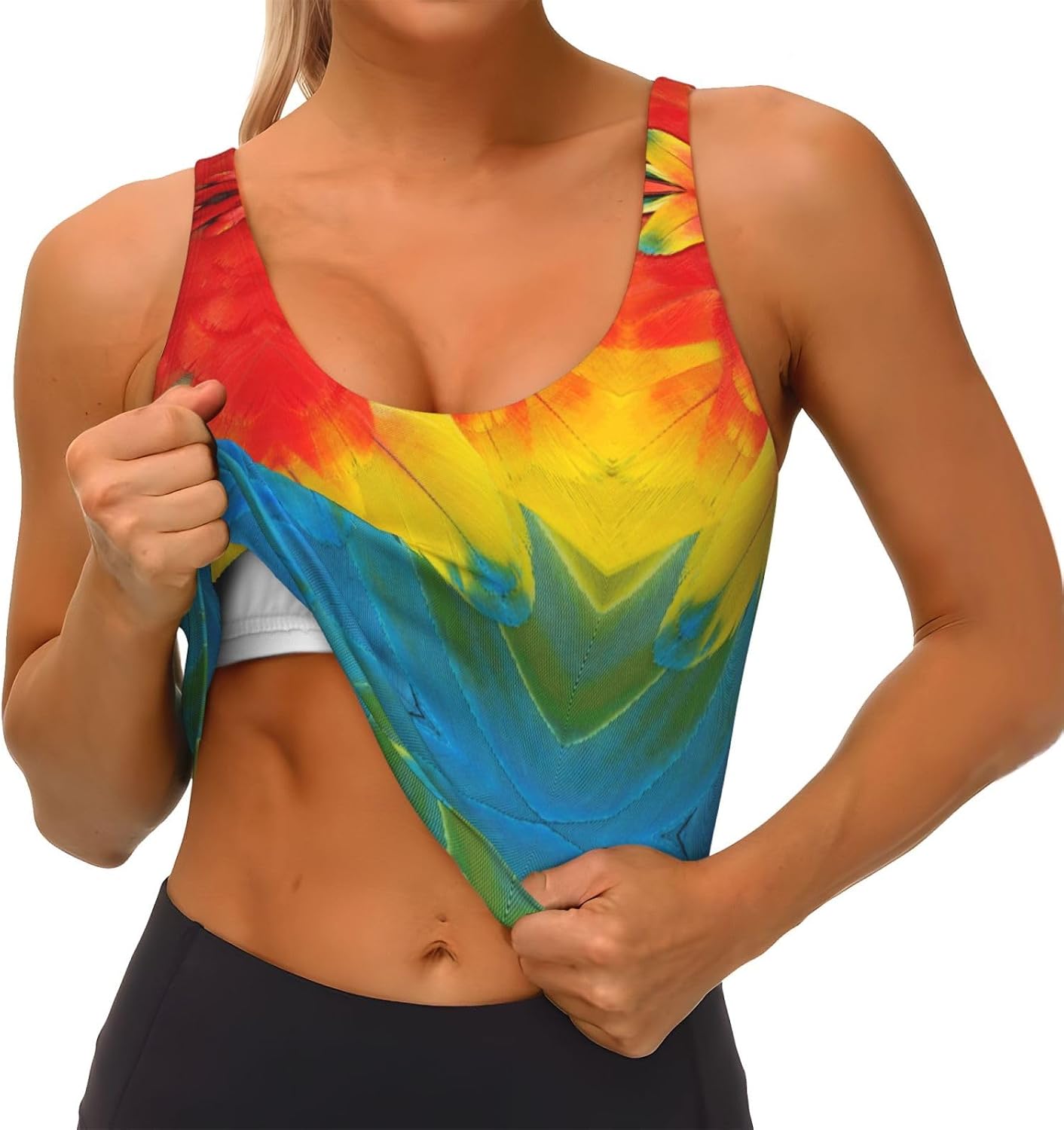 Fantastic Parrot Feather Print Women's Strappy Sports Bra, Stretch Gym Bras U Neck Yoga Tops, Comfort Seamless Bra