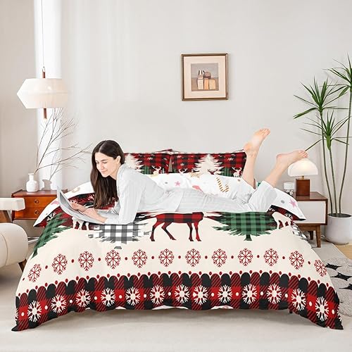 Miniatura 2 de Juego de funda de edredón para niños de Feliz Navidad, tamaño Queen, juego de ropa de cama de copos de nieve con árbol de pino y ciervo, decoración