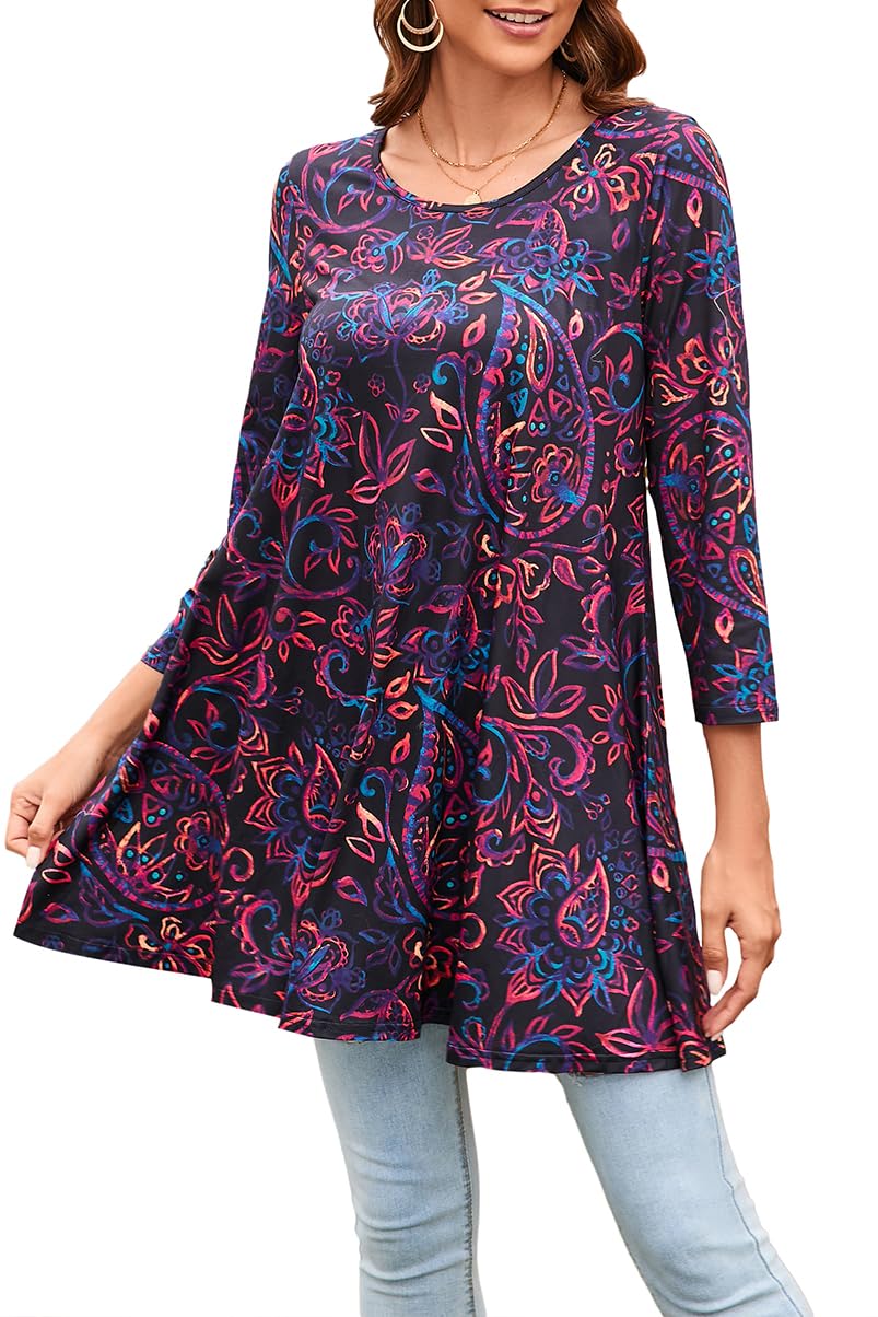 Enmain Camiseta Mujer Manga Larga Blusa con Estampado Suelta Cuello Redondo Plisado Señoras Swing Tops para Mujeres