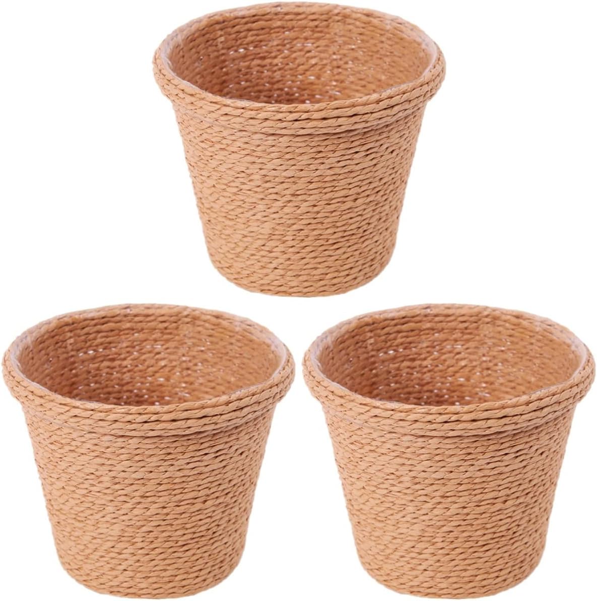 Alipis 3 Pcs Rustic Woven Straw Flowerpot with Plastic Liner for Indoor Succulent Holder, Home Decor, Storage Basket, and DIY Floral Arrangement, Khaki, 4.33 X 4.33 X 11.22 Inch