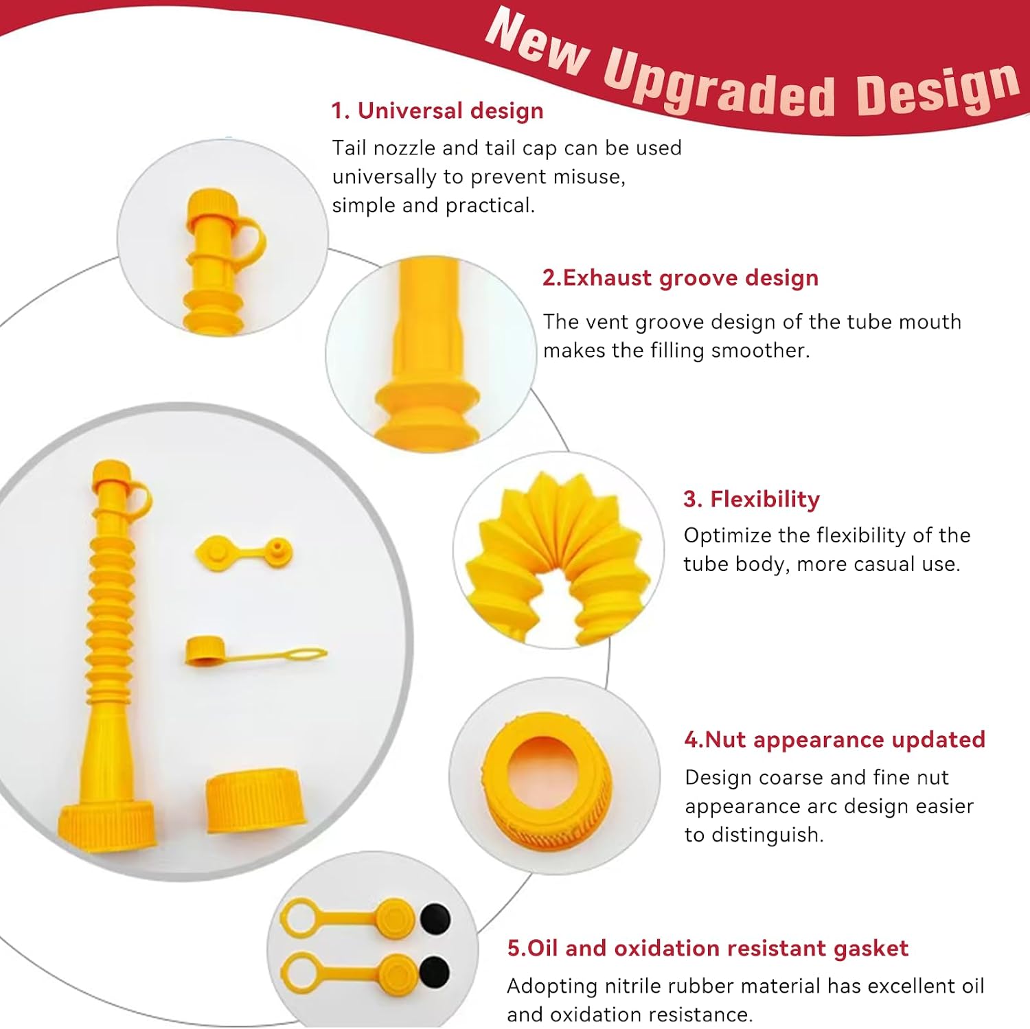 Gas Can Spout Replacement, 2 Kit Upgraded Gas Can Nozzle,Flexible Pour Nozzle Suitable for Most 1/2/5/10 Gal Oil Cans, Fuel Can Spout Replacement with 4*Screw Collar Caps(2*Coarse Thread& 2*Fine Thread),Gas Cans Vent Caps,Thick Rubber pad,Spout Cover,Drill Lid