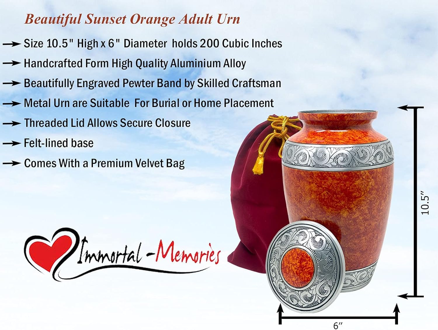 Blасk Frіdау - 50% оƒƒ Handcrafted Cremation Urn for Ashes - Solid Metal Rust Orange Adult Urn - Classic Sunset Orange Urn with Silver Band - Affordable Urn with Velvet Bag (Large Adult up to 200lbs)