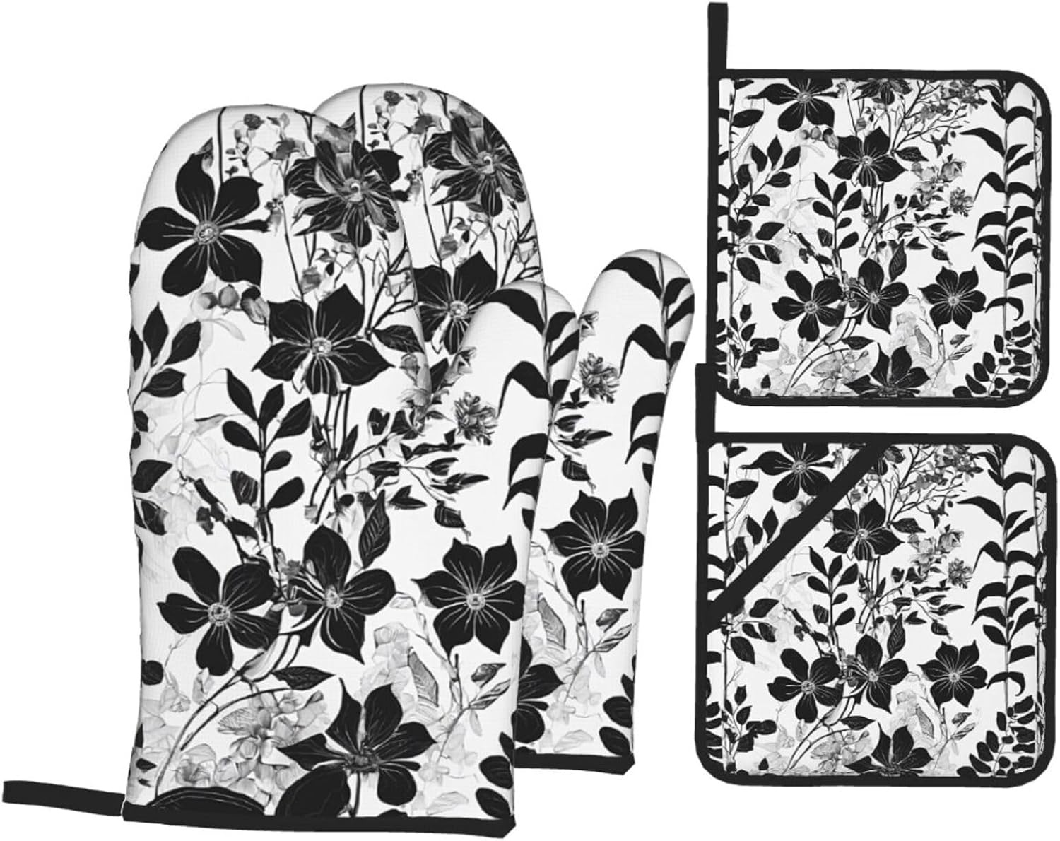 (Damask Pattern) Baking 4-Piece Set: 2 Oven Mitts and 2 Pot Holders Heat Resistant Waterproof Hanging Loop for Kitchen Oven Grill Housewarming Gifts