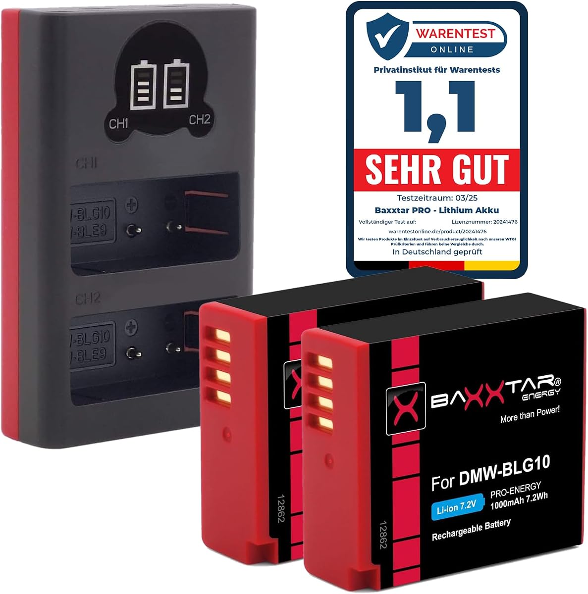 Baxxtar 2X DMW-BLG10E BLG10 batería con Cargador USB (Doble LCD) Compatible con Panasonic DMW-BLE9 Lumix DC GX9 G110 G100 TZ202 TZ101 TZ99 TZ91 GF3 GF5 GX7 GX80 LX100 II ZS70 ZS110