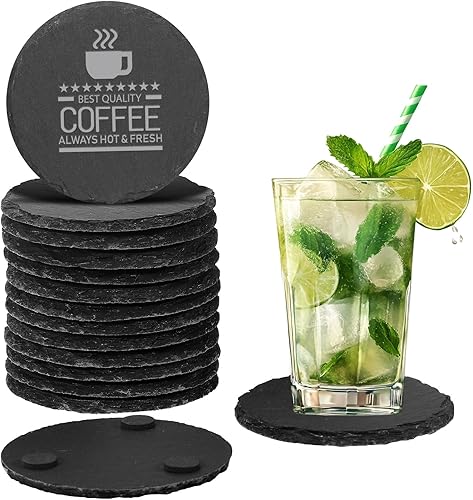 Miniatura 23 de 48 posavasos de pizarra a granel, posavasos de piedra de pizarra negra de 4 pulgadas para oficina, decoración del hogar, grabado láser en blanco con