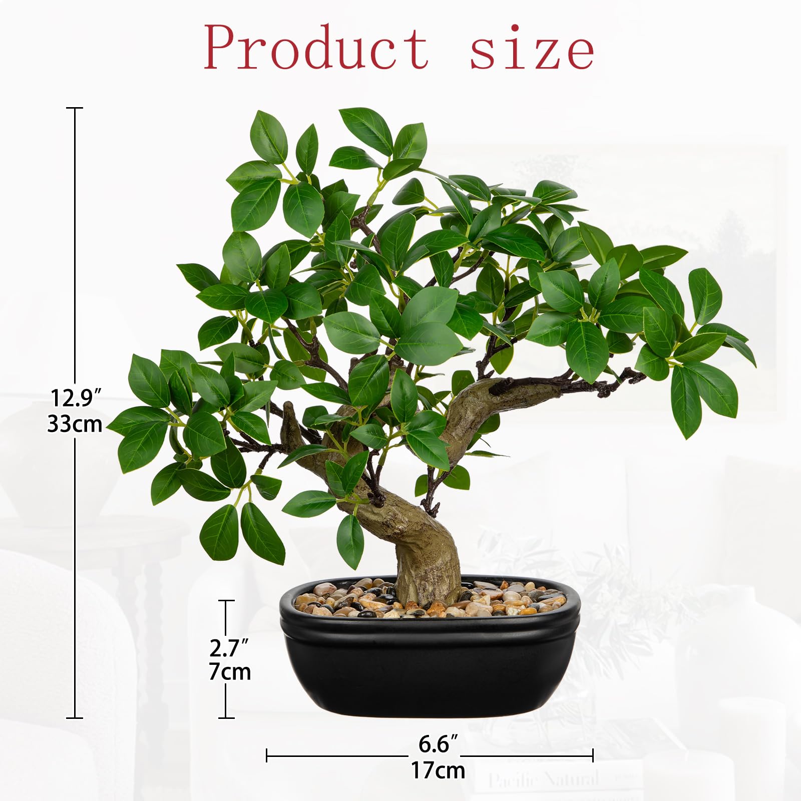 Künstlicher Bonsai-Baum, 32 cm, künstliche Ficus-Pflanze im Keramiktopf mit Kieselsteinen, künstliche grüne Topfpflanze für Zuhause, Büro, Schreibtisch, Dekoration, Innenbereich, Zen-Tischdekoration