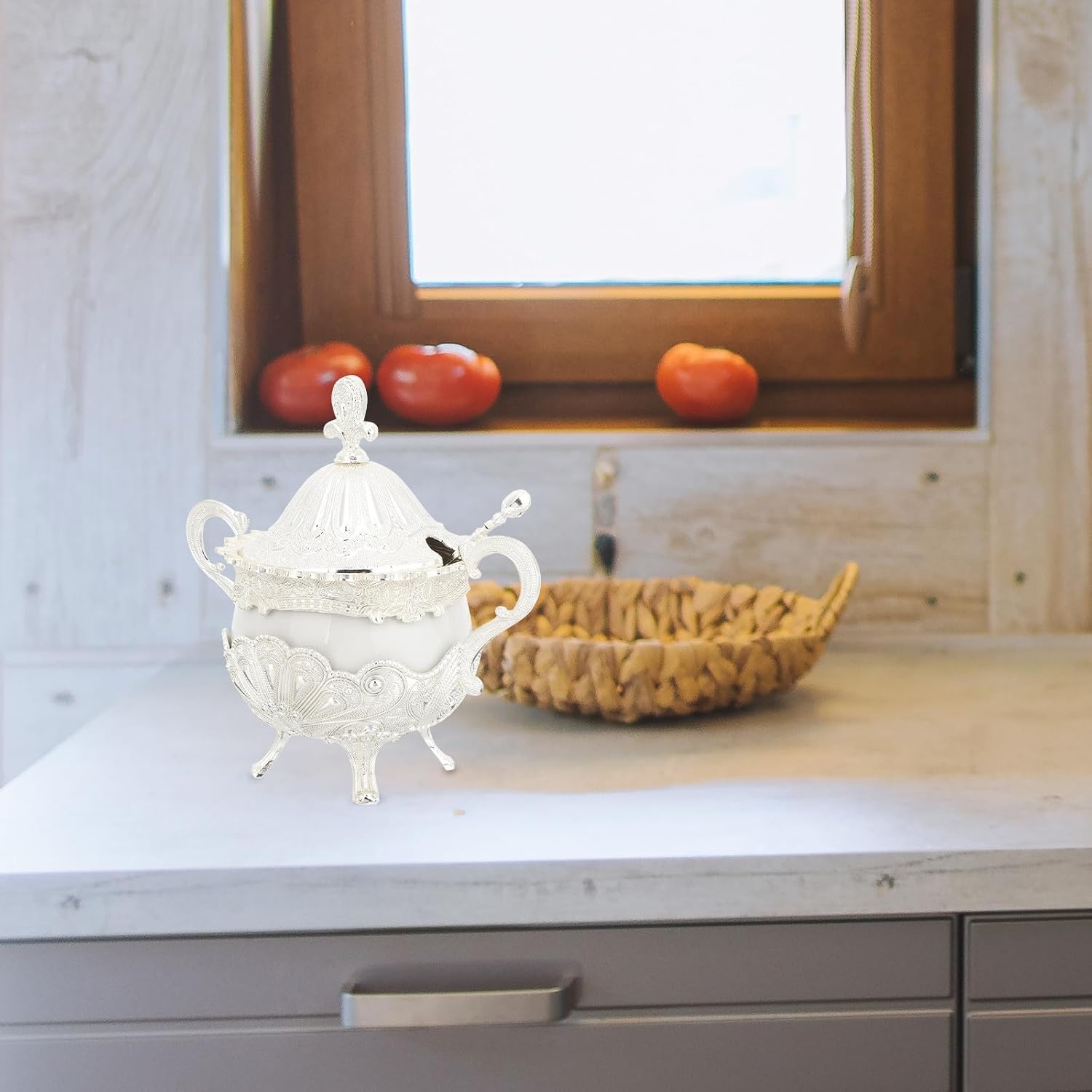 Peacock Pattern Condiment Pot with Lid, Ceramic Zinc Alloy Seasoning Jar