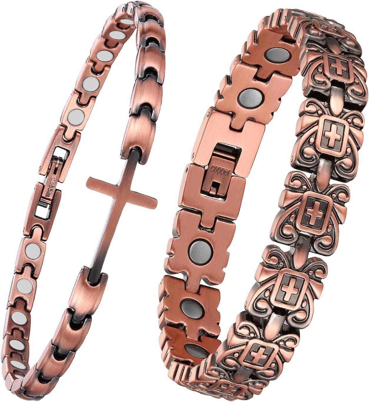 MagEnergy 2Pcs Copper Magnetic Bracelets for Women with 3500 Gauss Magnets, Adjustable Christian Cross Design, Pure Copper Therapy Bracelets Gift Set
