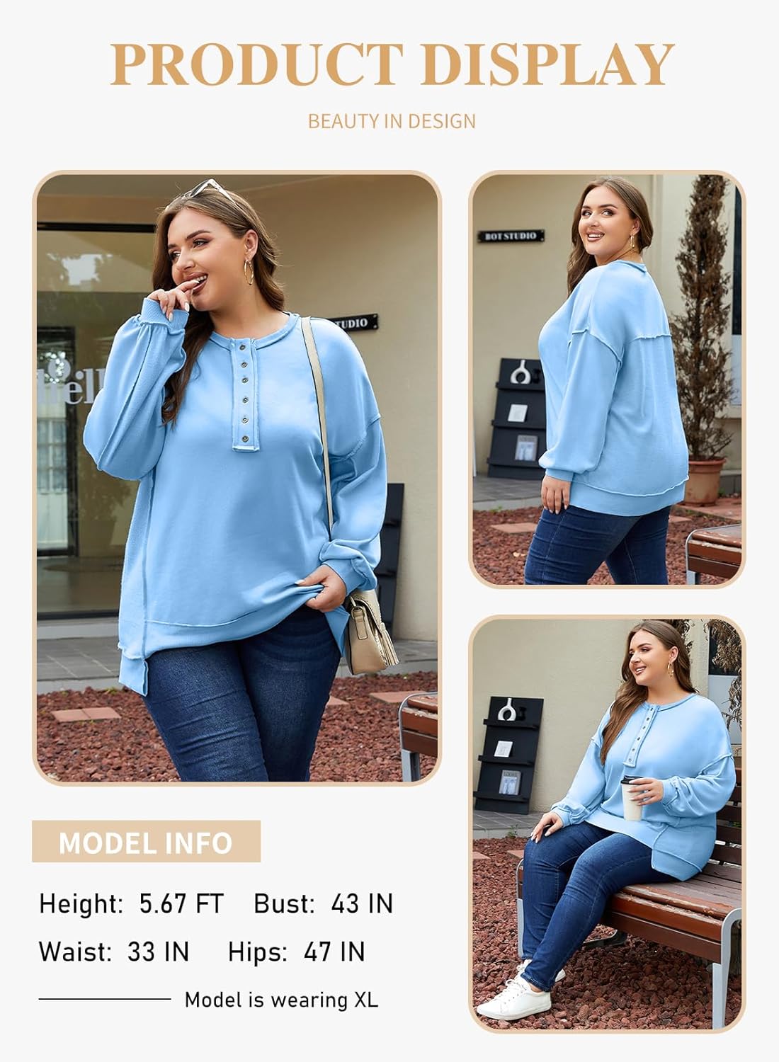 Eytino Women's Plus Size Sweatshirts Button Henley Neck Casual Long Sleeve Oversized Pullover Tops Shirts(1X-5X) - Image 3
