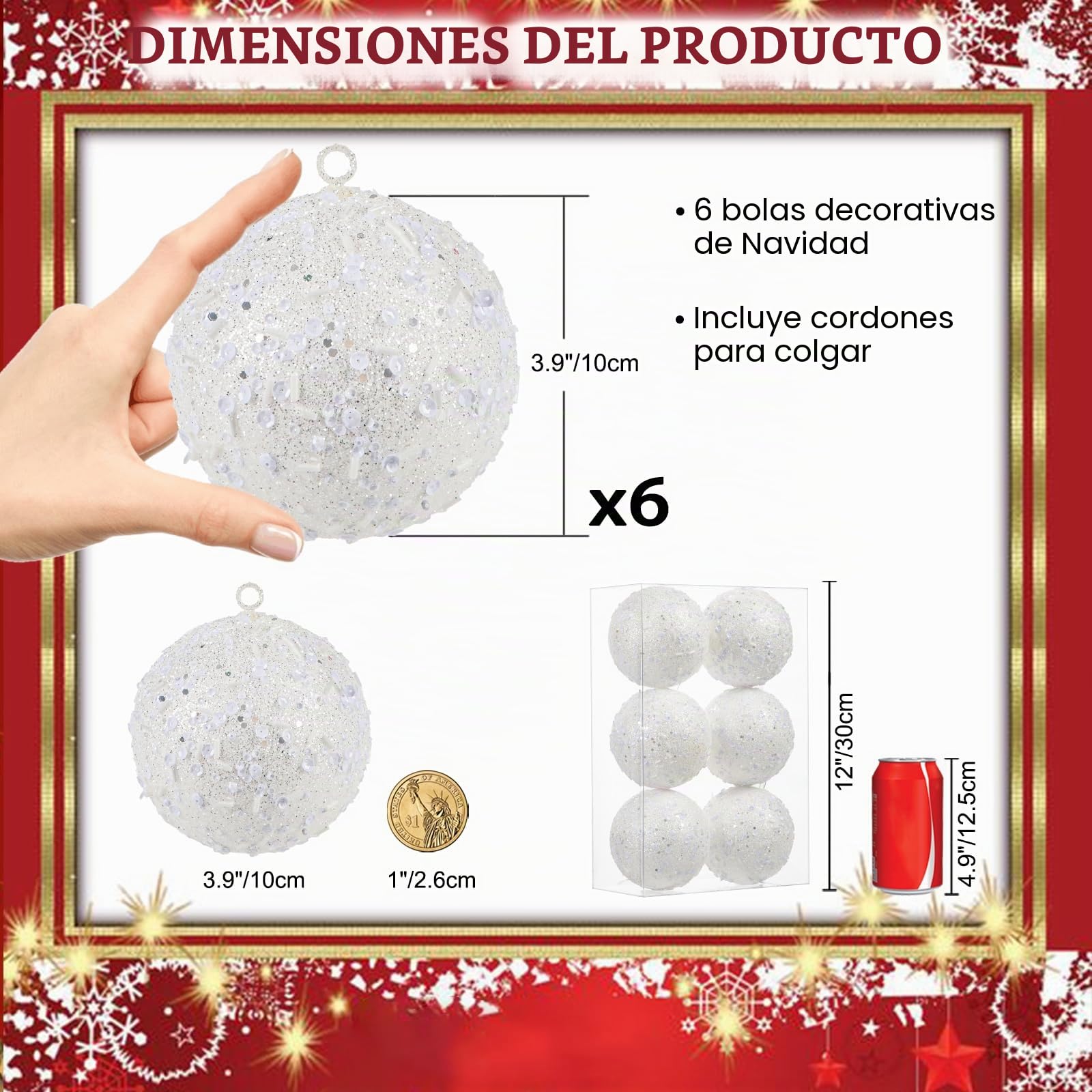 Oairse Adornos grandes de Navidad de 10 cm, 6 piezas inastillables grandes blancas para árbol de Navidad, adornos de árbol de Navidad con purpurina para Halloween, vacaciones, boda, decoración de