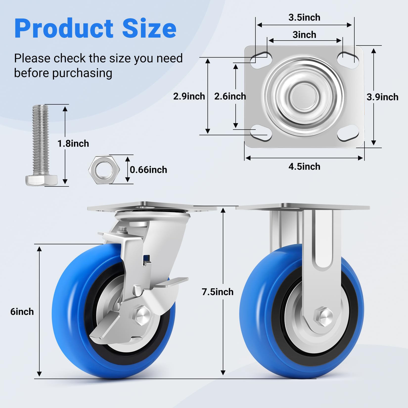 W B D WEIBIDA Set di 4 ruote resistenti da 15,2 cm, design liscio per ruote del carrello, ruote di grado industriale da 2041,2 kg, con staffa ispessita aggiornata, ruote durevoli (2 freni e 2 rigide)