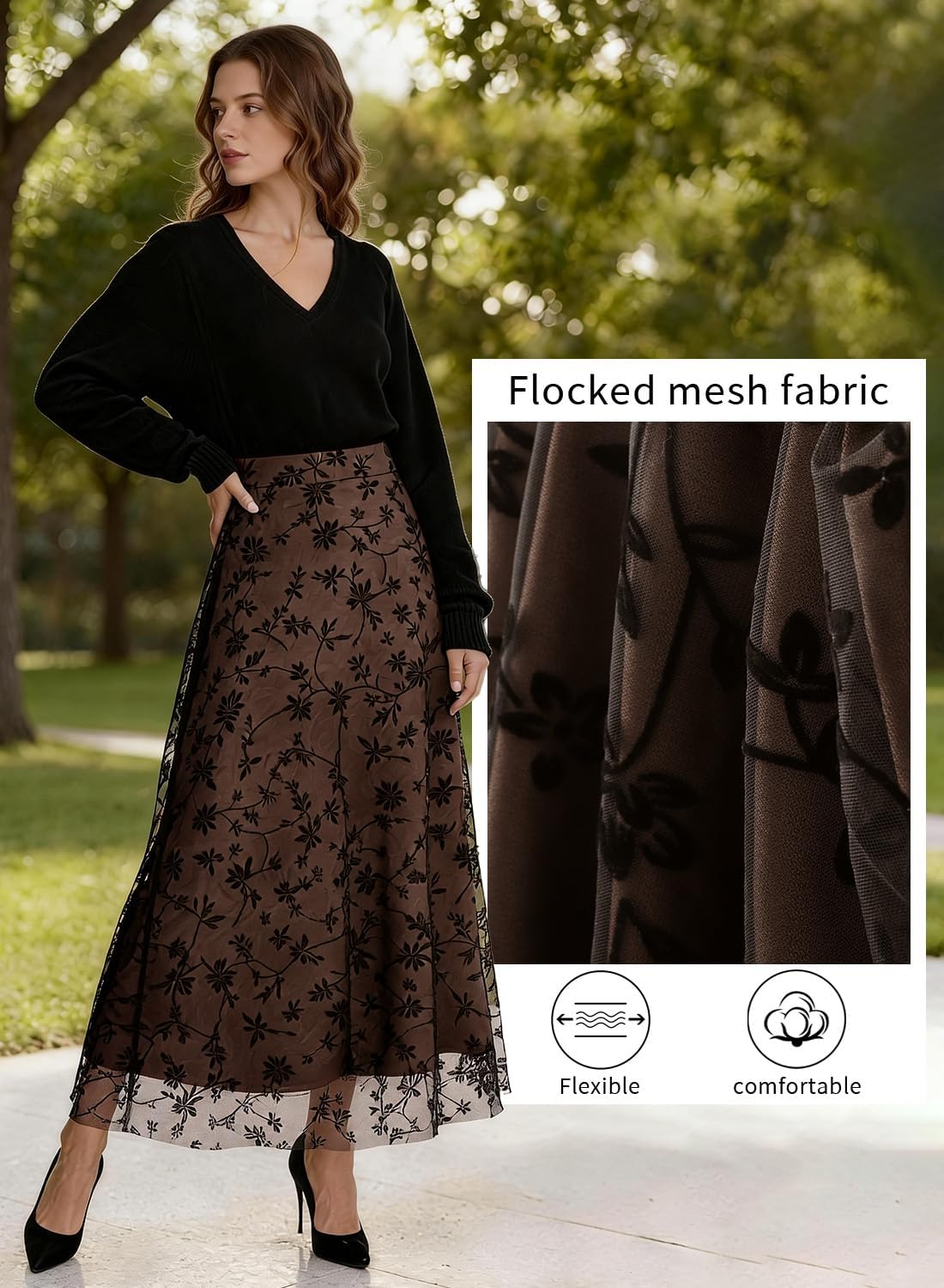 Women's Floral Chiffon Midi Skirt – High Waist A-Line with Elastic Waist & Side Zipper — view 2