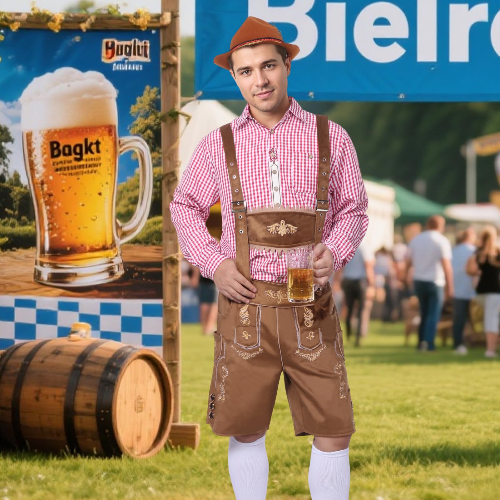 Strój męski na Oktoberfest, bawarski tradycyjny strój męski na Oktoberfest z tradycyjnymi skórzanymi spodniami, kapeluszem i skarpetkami na karnawałową imprezę cosplay (Brązowy, L)