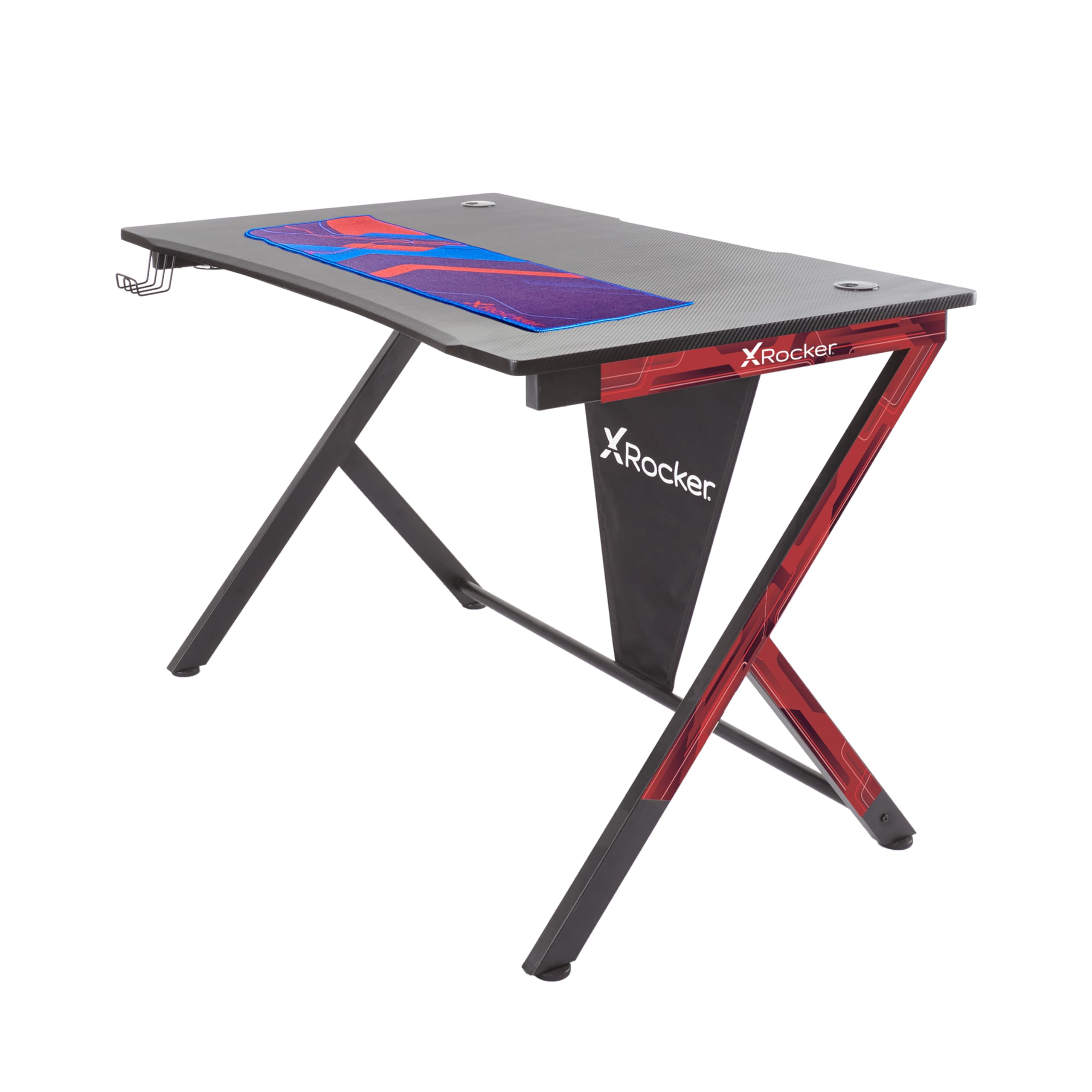 X-Rocker Ocelot 115cm x 73cm, Y-Shaped Gaming Desk - Space-Saving Design, Headphone Hook, Cup Holder, Interchangeable Stickers, Sturdy Metal Frame for Kids & Teens - Blue or Red - Mouse Mat Included
