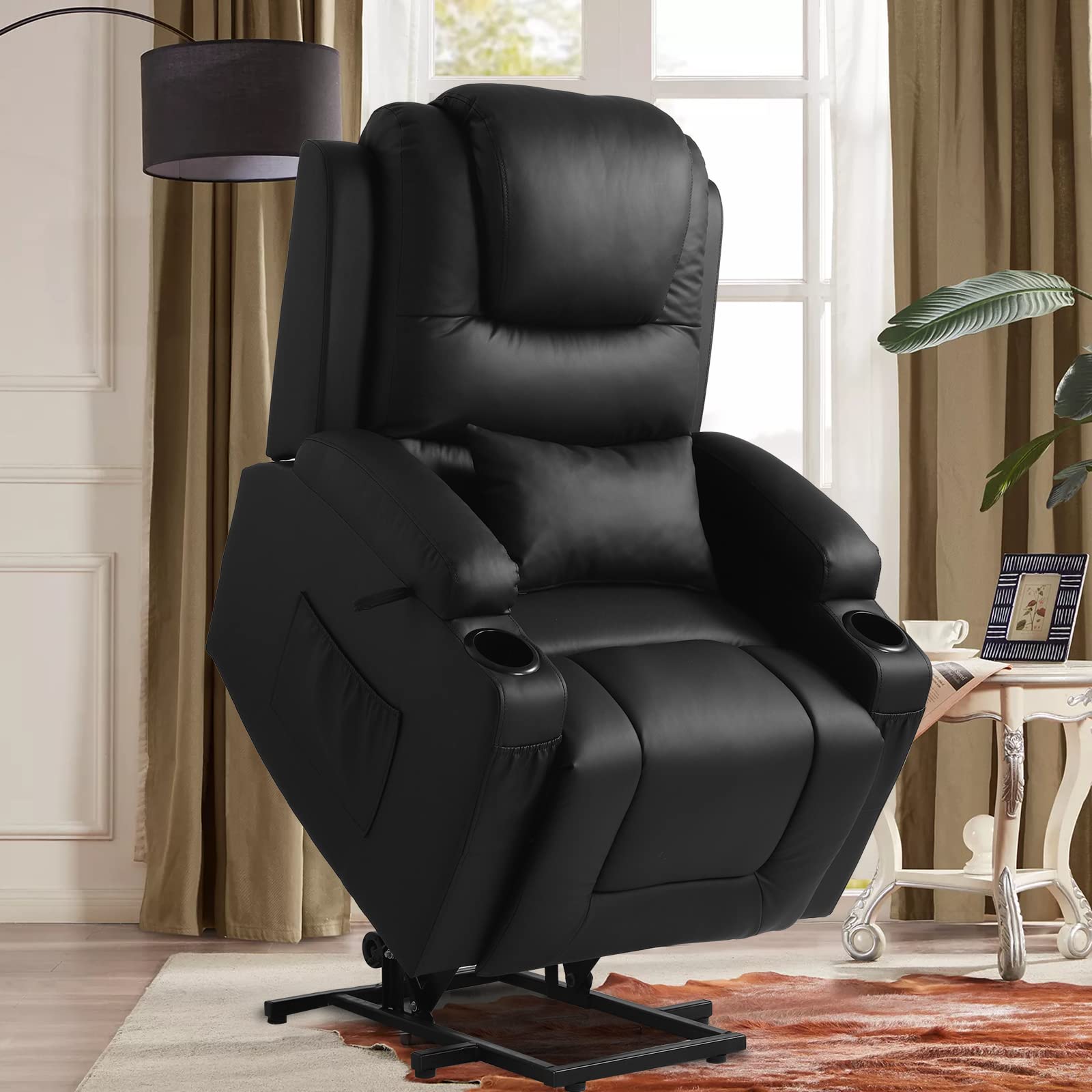 Power Recliner Chair with Vibration Massage and Heated, Lift Chairs Recliners for Elderly, Comfy Leather Recliners for Living Room with Side Pockets (Pu-Black)