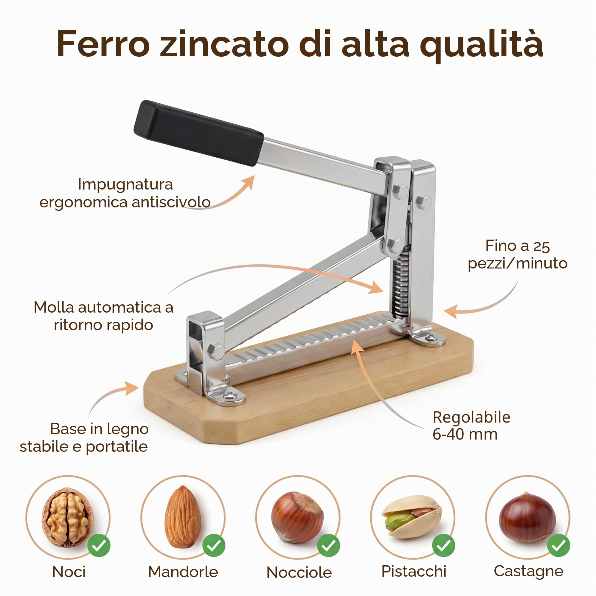 Pelamatic - Schiaccianoci Manuale in Ferro e Legno | Adatto a Noci, Mandorle, Pistacchi | Resistente e Regolabile | Rompi Mandorle | Design Compatto | Eleganza Rustica, Ferro Legno