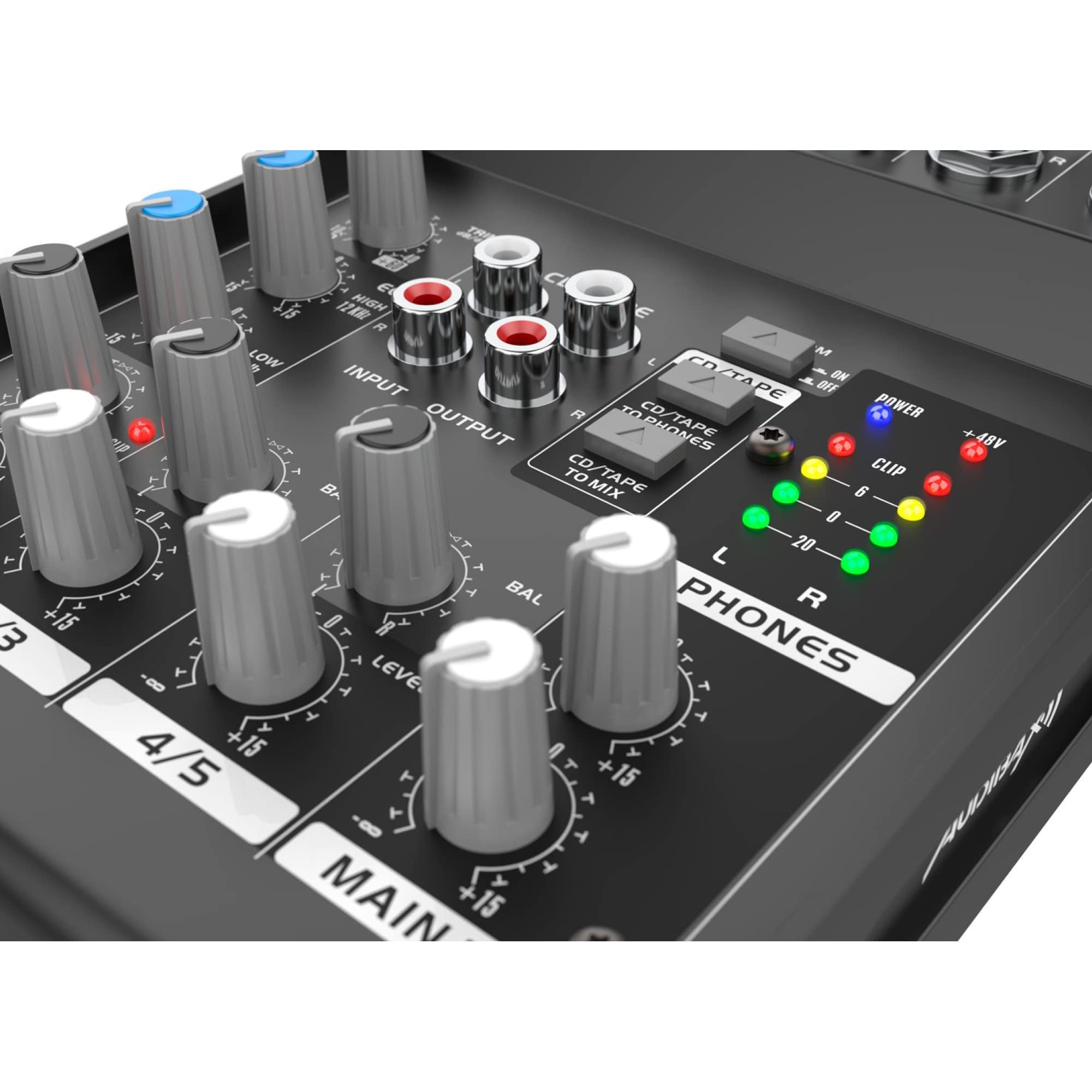 Audibax 502 - Console di Missaggio Audio - Mixer Audio a 5 Canali - Ingresso Microfono - 2 Ingressi Jack Stereo - Equalizzatore a 2 Bande - Alimentazione Phantom 48 V
