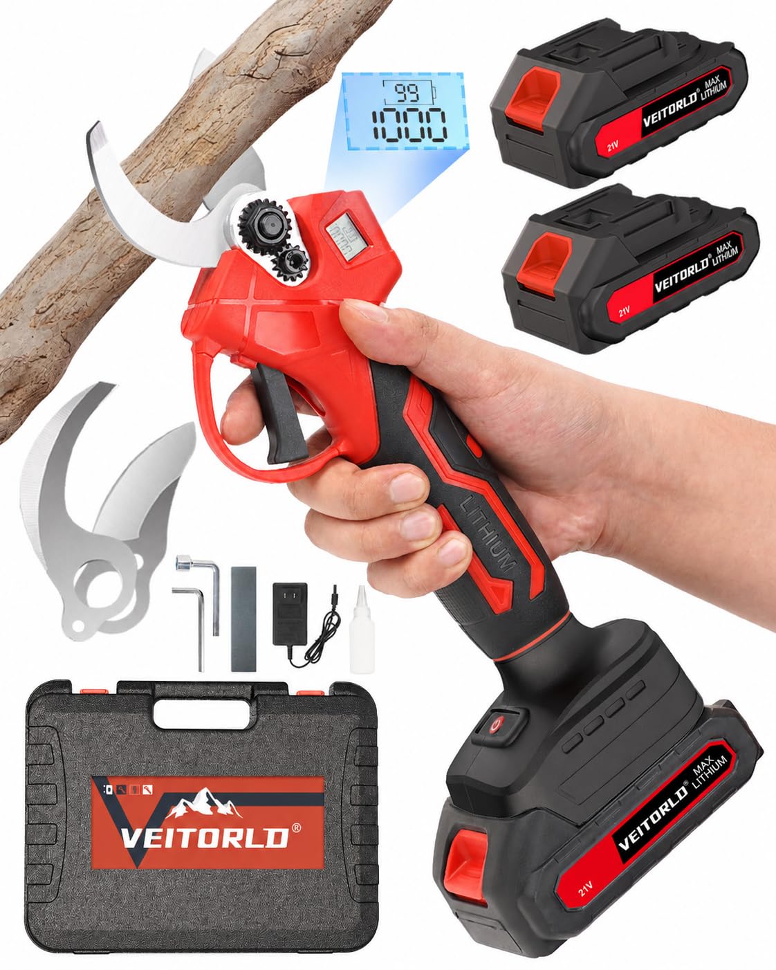 Veitorld Sécateur Électrique Sans Fil 30mm, Brushless, 2 Batteries 2000mAh