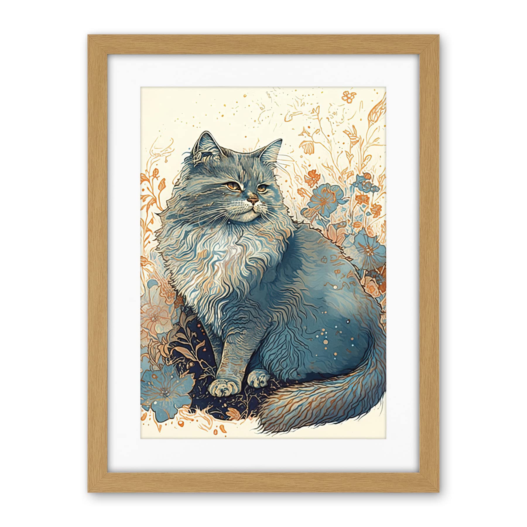 Artery8 Fluffy Cat in Wildflowers Teal and Orange Watercolour Illustration Artwork Framed Wall Art Print 18X24 Inch