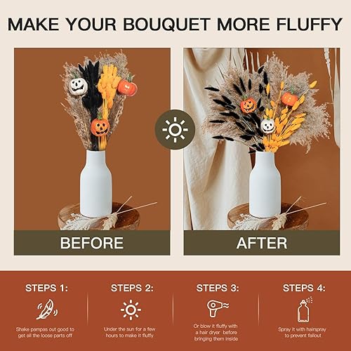 Miniatura 7 de HUMINBO Decoraciones de Halloween para interiores y esponjosas, flores secas de otoño, pompas pequeñas, 92 tallos pompas