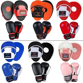 MAXSTRENGTH Boxing Gloves and Curved Focus Pads MMA Boxing Kick Training Hook & Jabs Pro Set Multi Colours