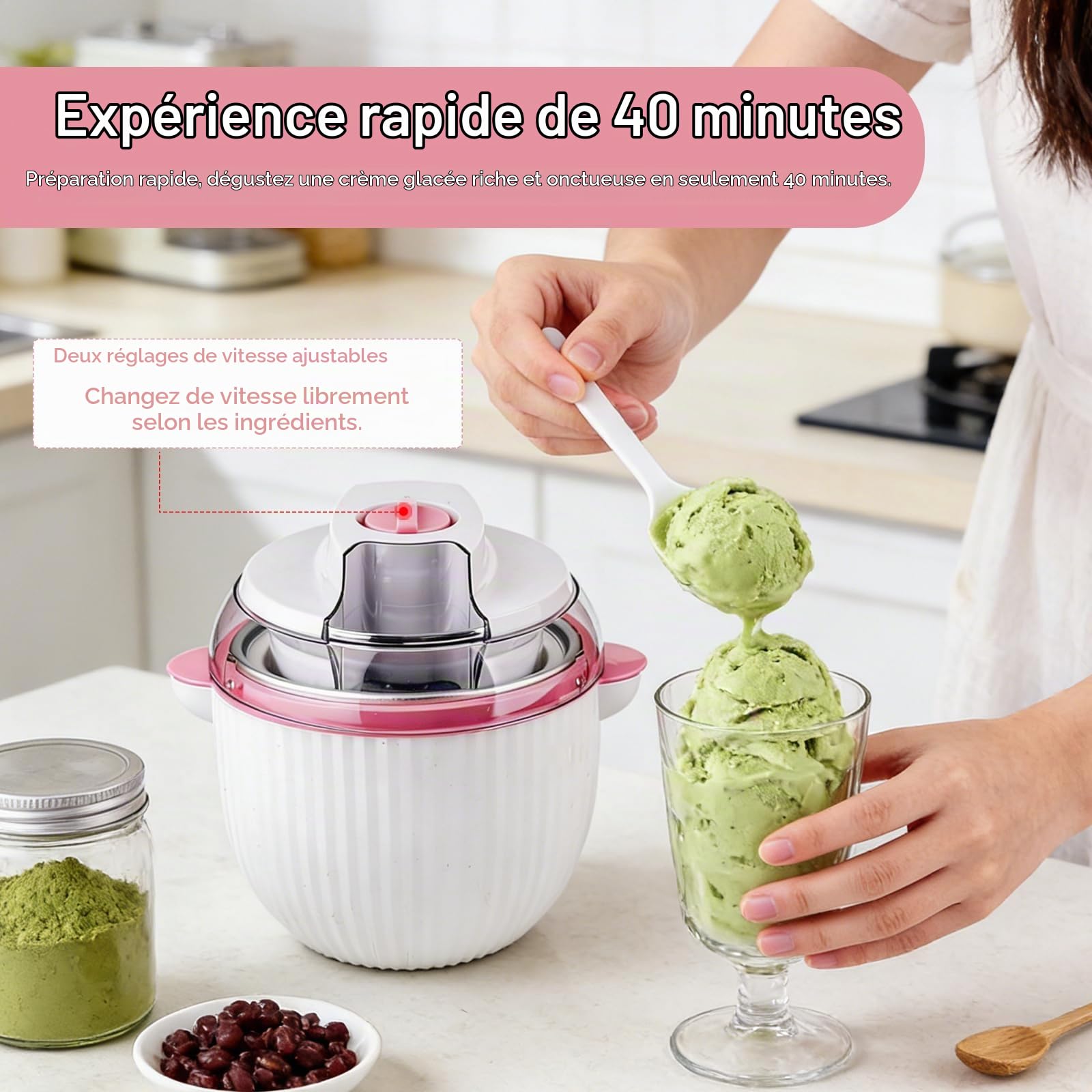 Sorbetiere, Sorbetière 1,65 L à Deux Vitesses Réglables pour la Préparation de Glaces Sorbets et Yaourts Glacés Machine à Glace 2 en 1 à Double Isolation pour la Préparation de Boissons Fraîches