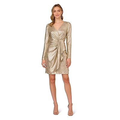 Adrianna Papell Metallic Foil Knit Draped Cocktail Dress Women