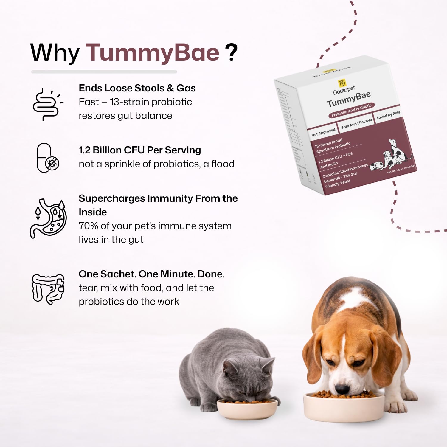 TummyBae Prebiotics + Probiotics Supplement for Dogs & Cats | Gut Health Supplement | Improved Immunity, Diarrhea Relief, and Better Digestion | Daily Gut Wellness Formula (1gm x 20 Sachets) — Amazon image 3