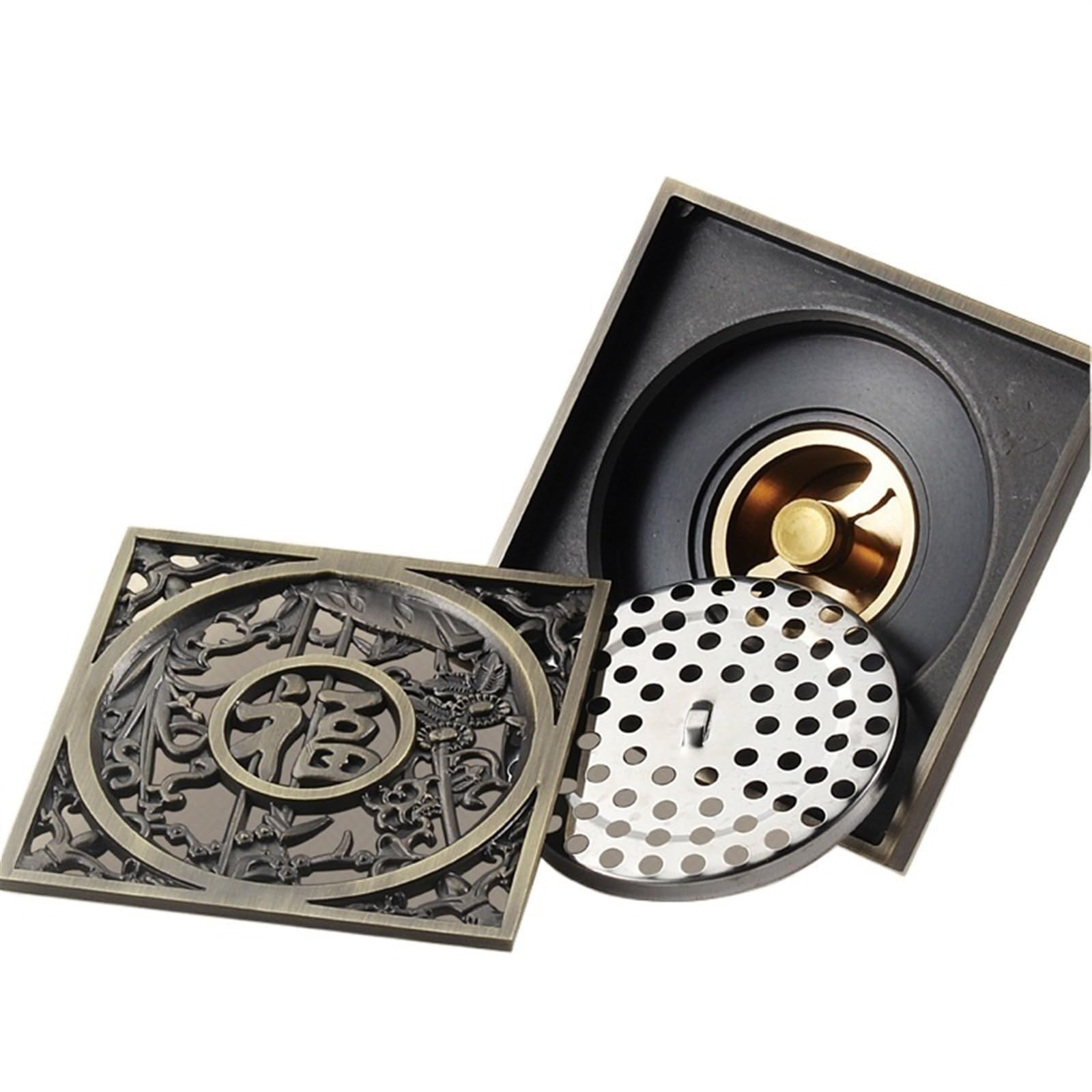 Drain de Douche, Drain de Sol de Douche 4 Pouces, Drain de Sol carré en Laiton sculpté Antique avec Attrape-Cheveux for Salle de Bain