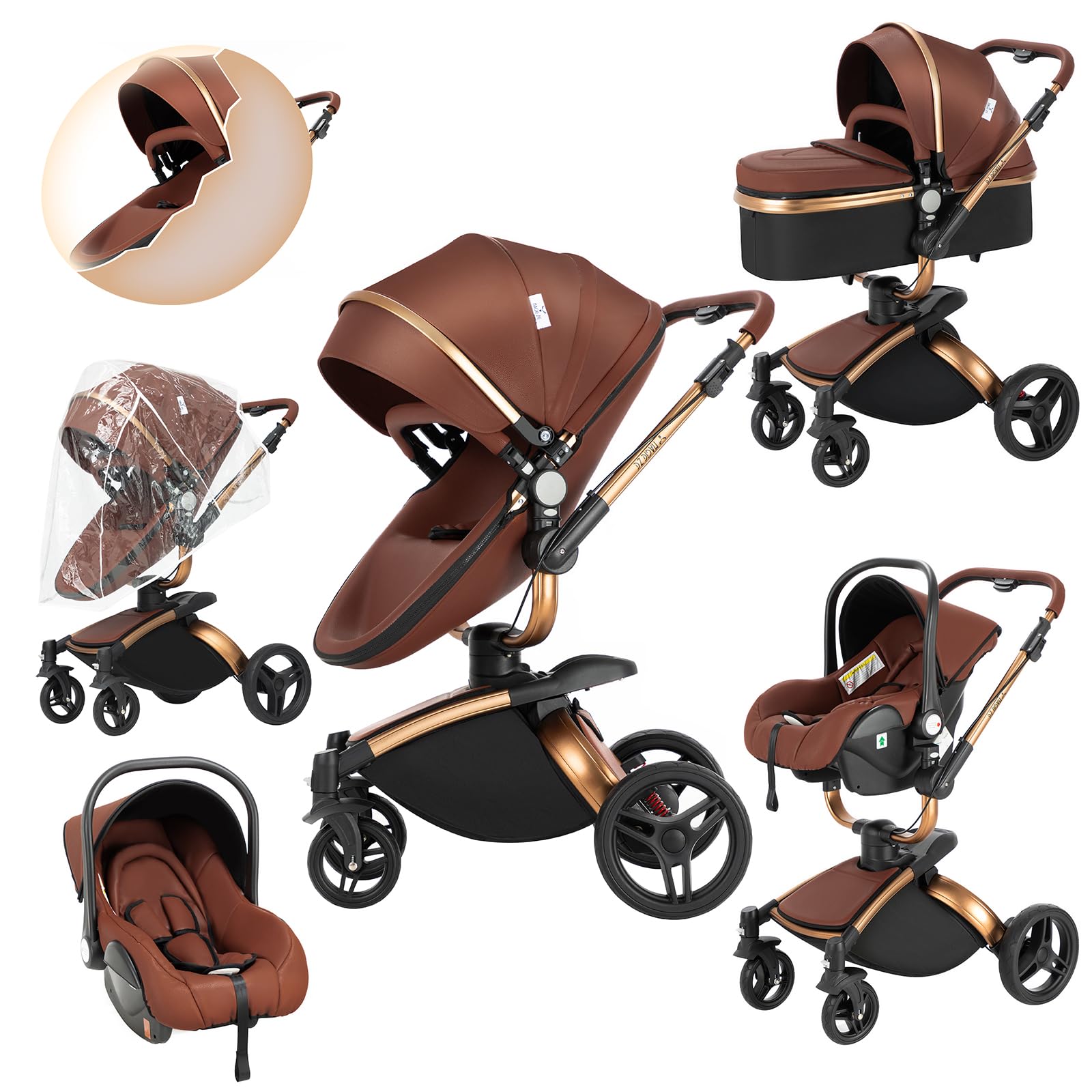 Prokoke Pelle PU Passeggino Trio, Passeggino 3 in 1 con Sedile Regolabile Rotazione 360°, Trio Passeggino Neonati con Design Pieghevole in Un Clic, Trio con Lega di Alluminio a Cornice (906 brown)