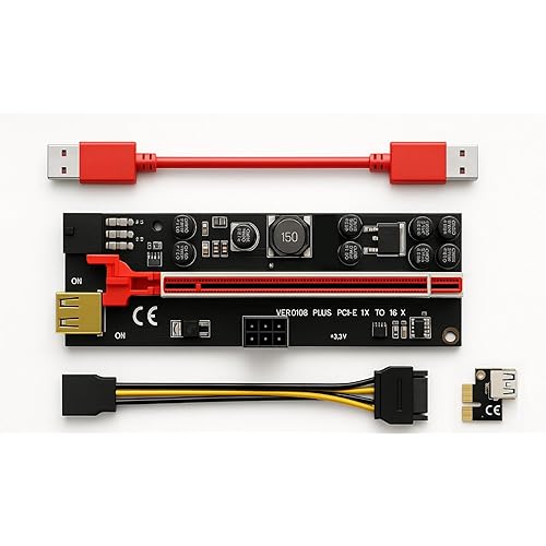 Graphics Card PCIe Riser VER 010S 16x to 1x Powered Riser Adapter Card w/USB 3.0 Extension Cable & 6-Pin PCI-E to SATA Power Cable | Bitcoin | Ethereum Mining