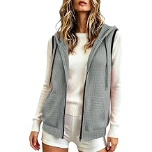 Women's Waffle Knit Sleeveless Hooded Zip-Up Vest Jacket with Pockets