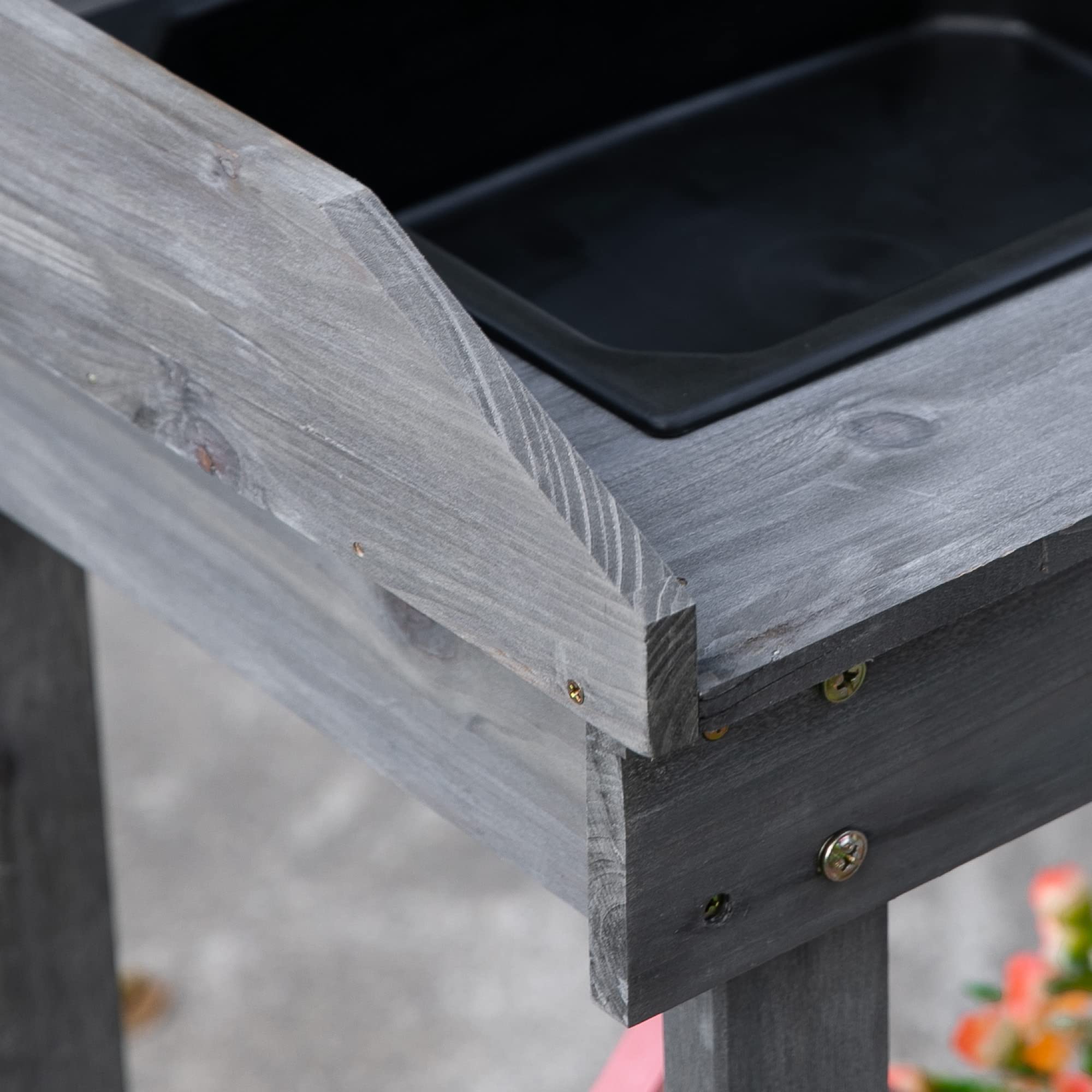 Outsunny Mesa de jardín con cajón de 2 Niveles, con Lavabo y Ruedas, Madera de Abeto Gris, 92 x 45 x 119 cm