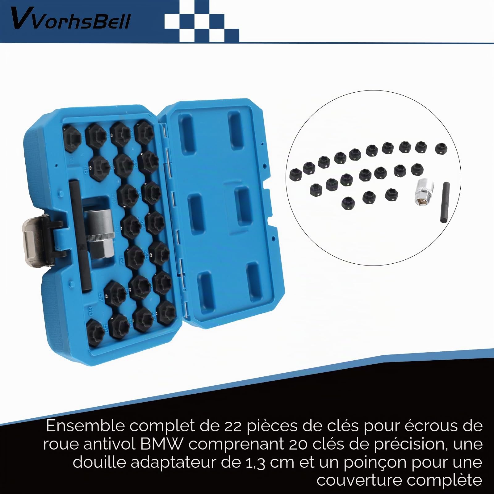 Lot de 22 clés d'écrous de roue compatibles avec BMW F20 F30 F10 F01 Series 1 3 5 7, OEM 36 2 010, kit d'outils de démontage avec adaptateur douille et étui