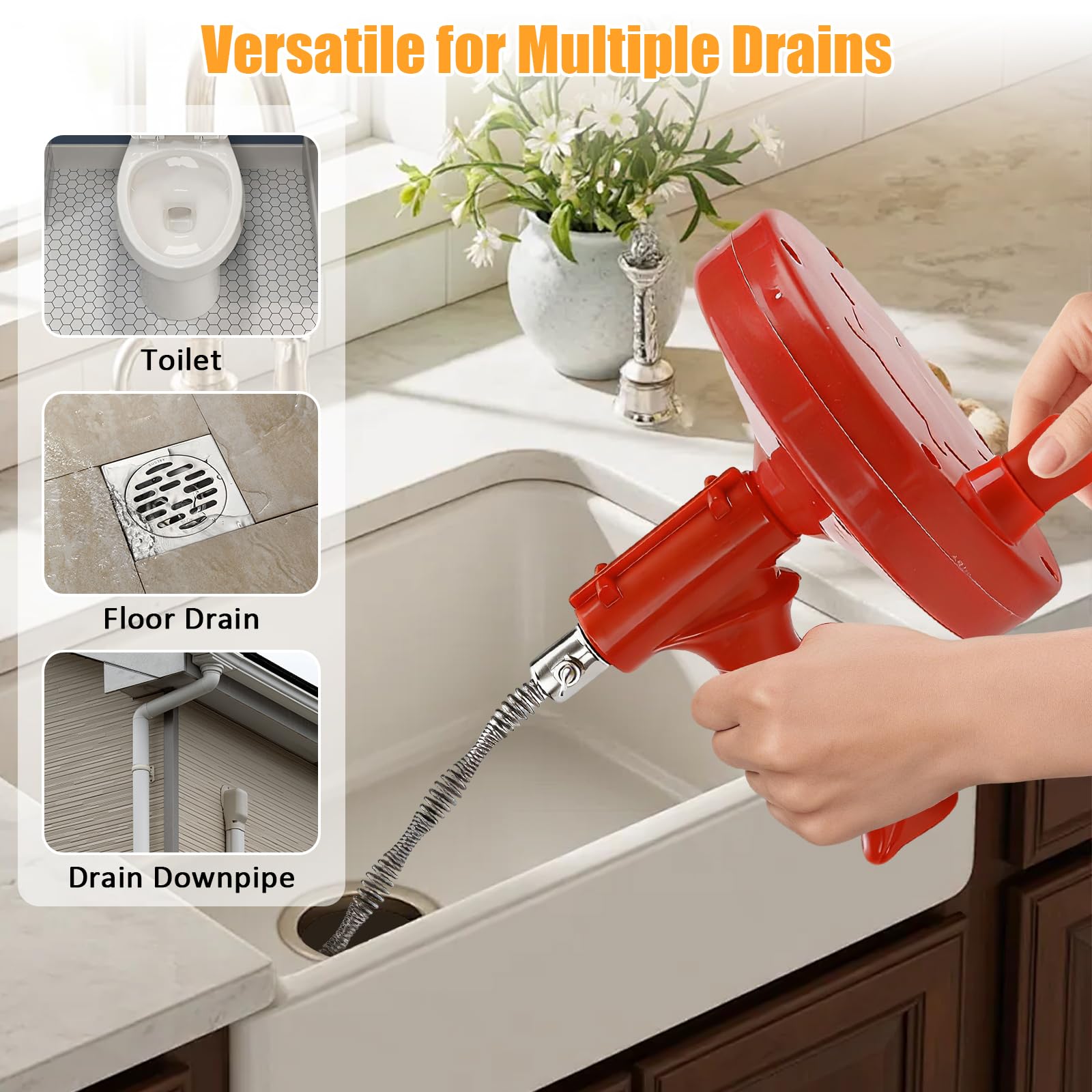 Drain Snake Auger 33FT, 8 PCS Plumbing Snake Kit for Easy at Home Beginner Friendly Drain Clog Remover, Flexible Sink & Toilet Auger, Reusable Drain Cleaner with Splash-Proof Gloves - 3