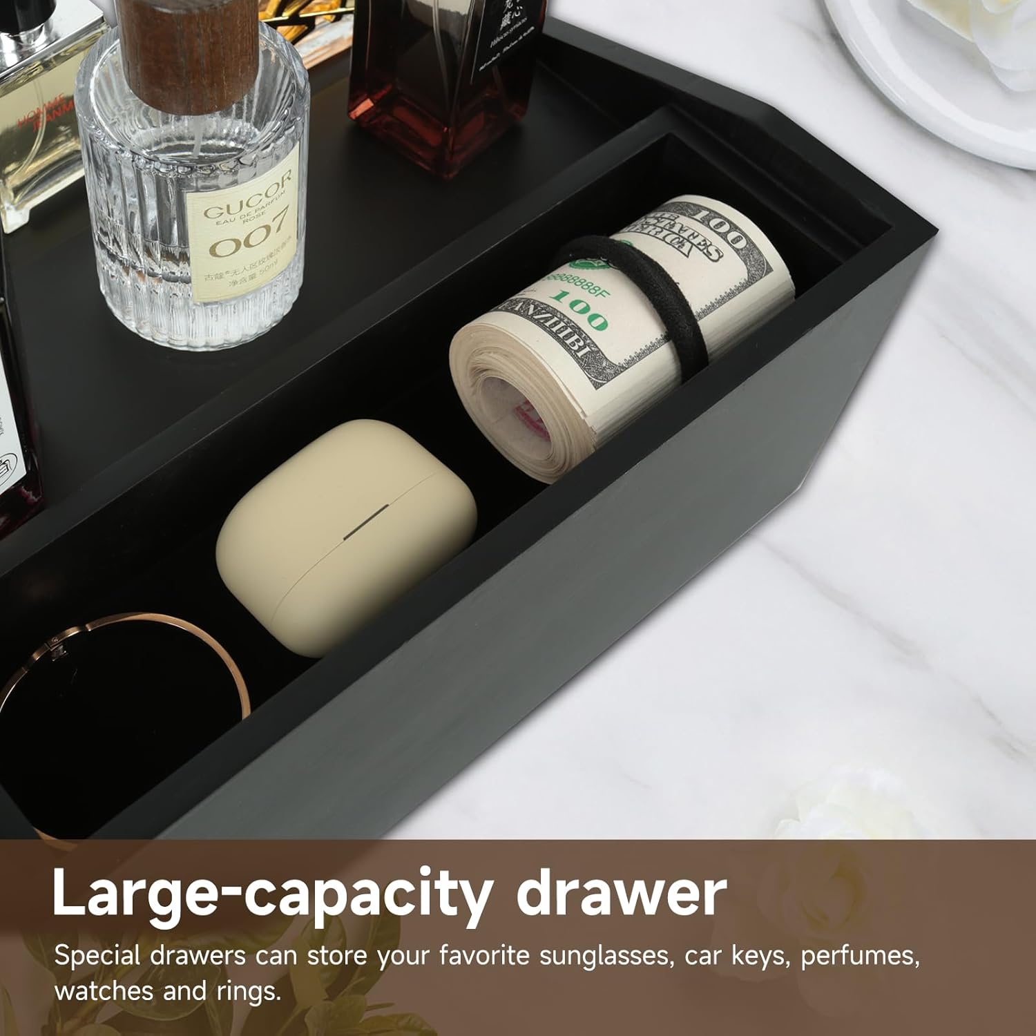 3-Tier Wooden Cologne Organizer with Drawer & Side Storage - Cologne Display Stand with Velvet Lining for Men & Women, Bedroom and Bathroom Vanity Storage Black