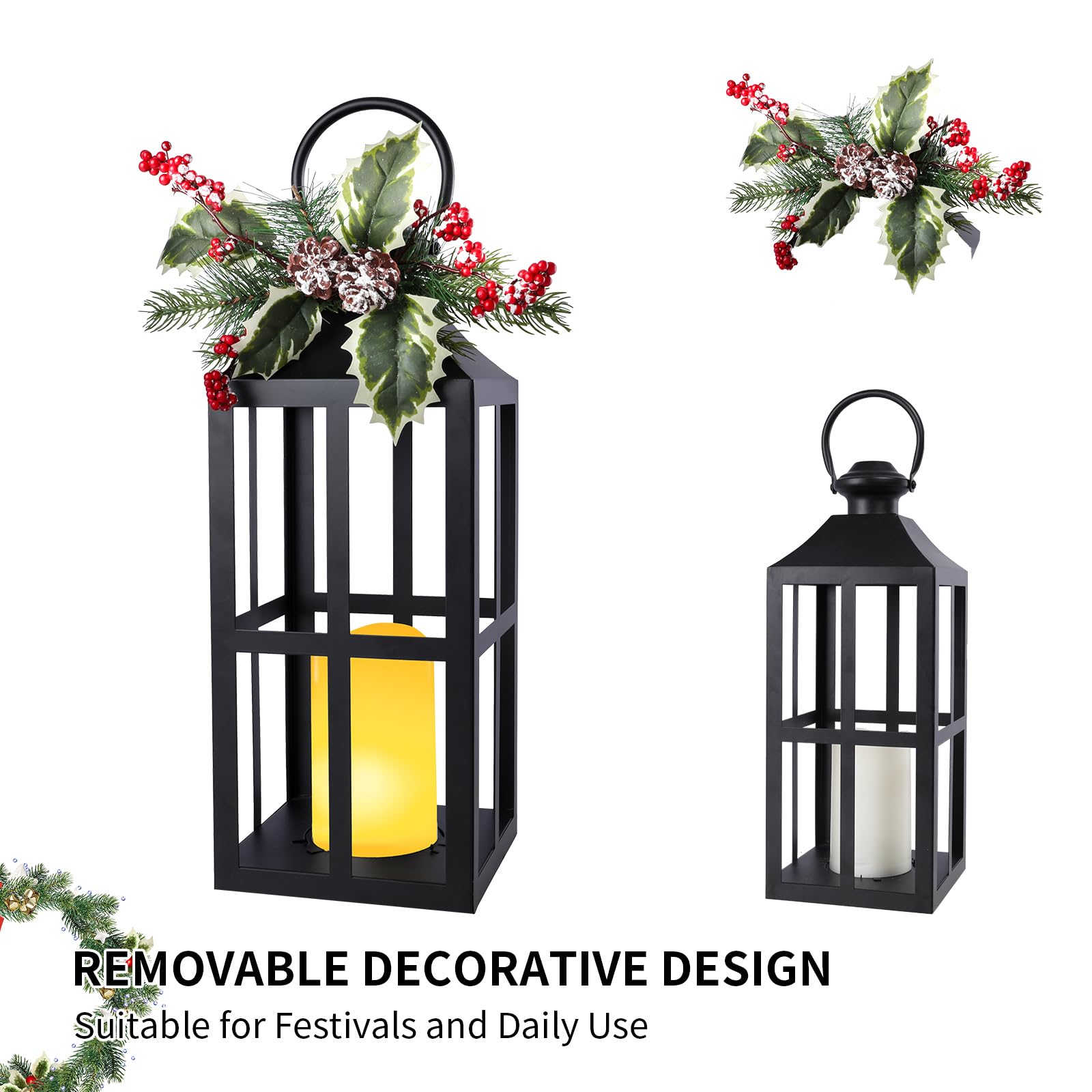 Paquete de 2 faroles de Navidad con vela LED sin llama, piñas y bayas de acebo, decoración de mesa o porche, iluminación navideña que funciona con pilas
