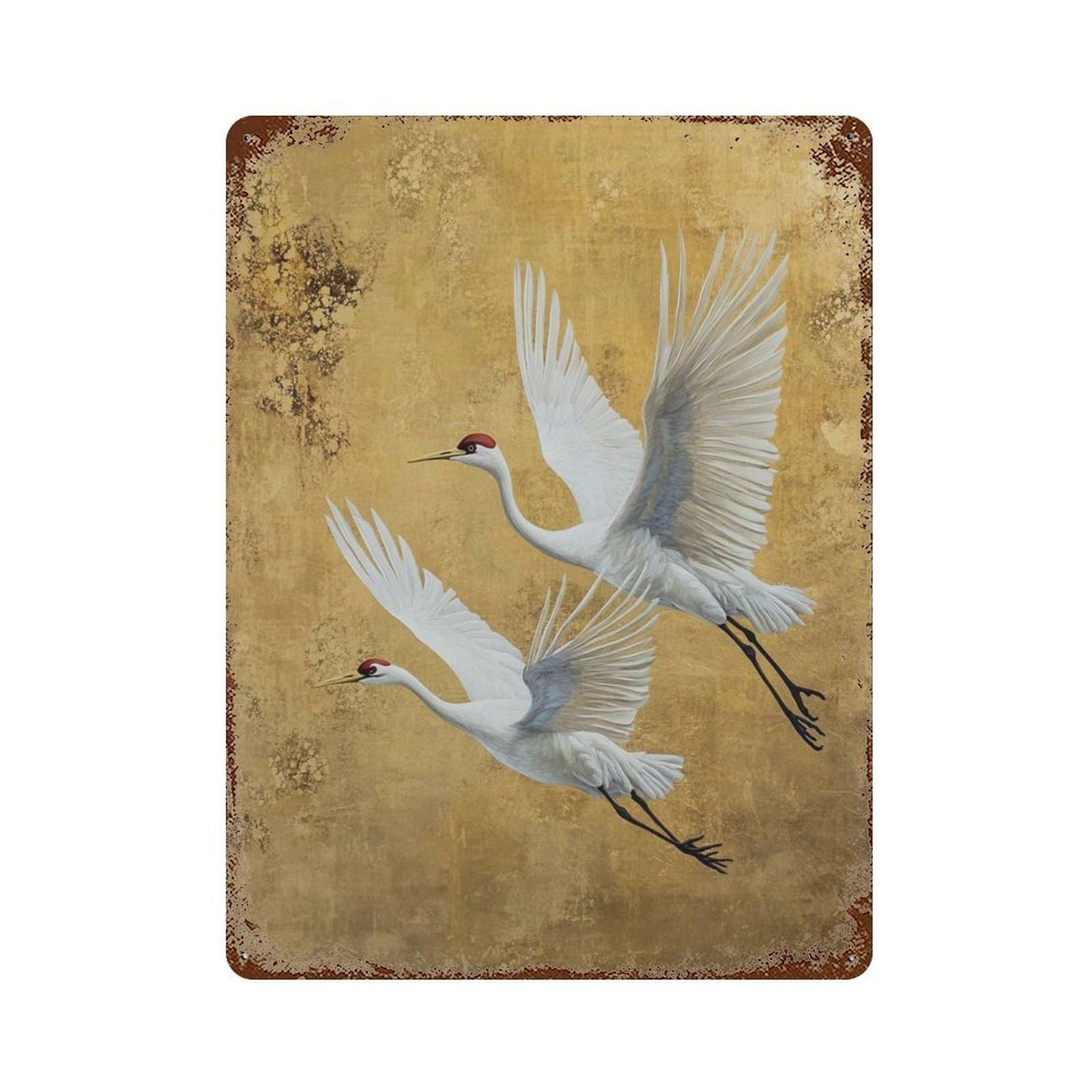 xiaoxiaoshen Crane Birds – Flying Cranes in Gold And White Asian Elegant Bird Japanese Nature Wall Decor Art Metal Tin Poster Modern Home Decor Art Home Bar Shop Decorations Vintage Sign 40x30cm