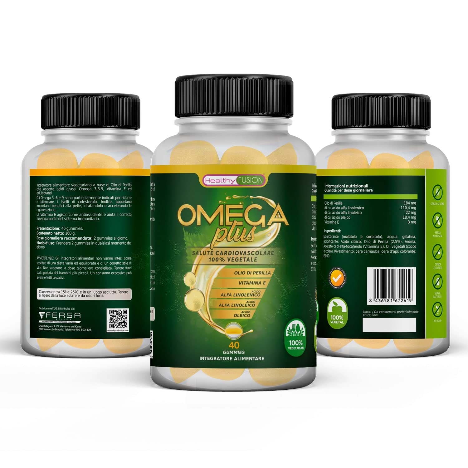 Healthy Fusion Omega Plus | Olio di Perilla + Vitamina E + Acidi grassi Omega 3-6-9 | Prodotto adatto per vegetariani | Massima qualità di Omega disponibile | 40 gummies al gusto di anguria
