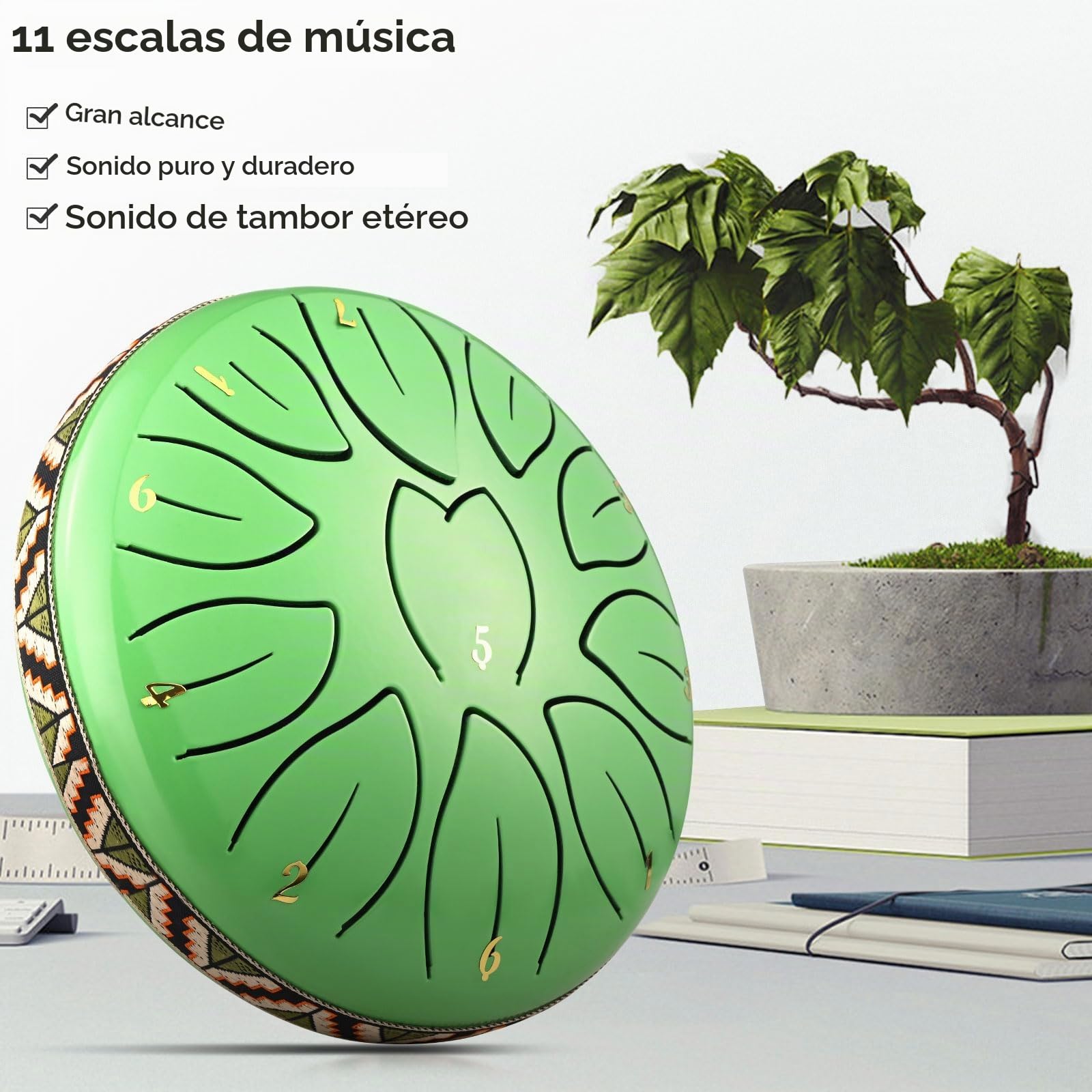 Tambor de Lengüeta de Acero de 6 Pulgadas y 11 Tonos Tambores de Hendidura Instrumento de Percusión Handpan Tongue Drum con Bolsa de Viaje, par de mazos,púas de Dedo