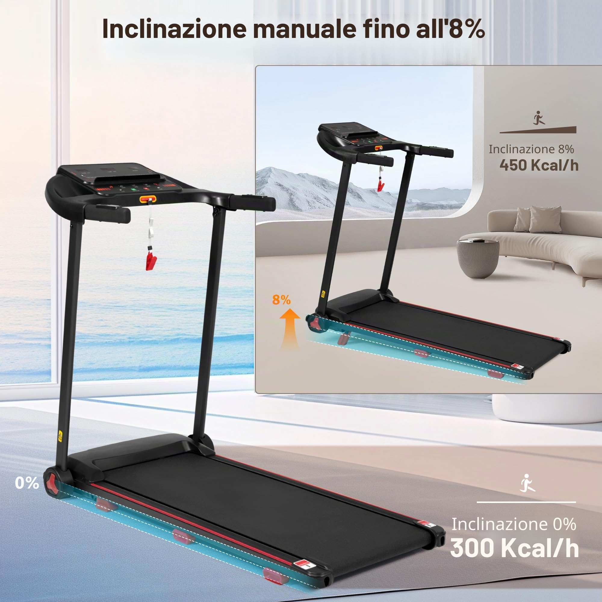 Tapis roulant casa pieghevole con pendenza 8% - Silenzioso Treadmill fino a 14 km/h, motore 3.0 HP, grande battistrada, display LED e Bluetooth, carico massimo 120 kg