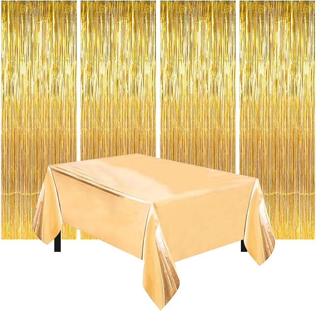 Tinsel Curtain Party Backdrop Foil Fringe Shimmer Streamers Door Window Decoration, Wall Curtains for Birthday Wedding (4Tinsel Curtain+1tablecloth), gold