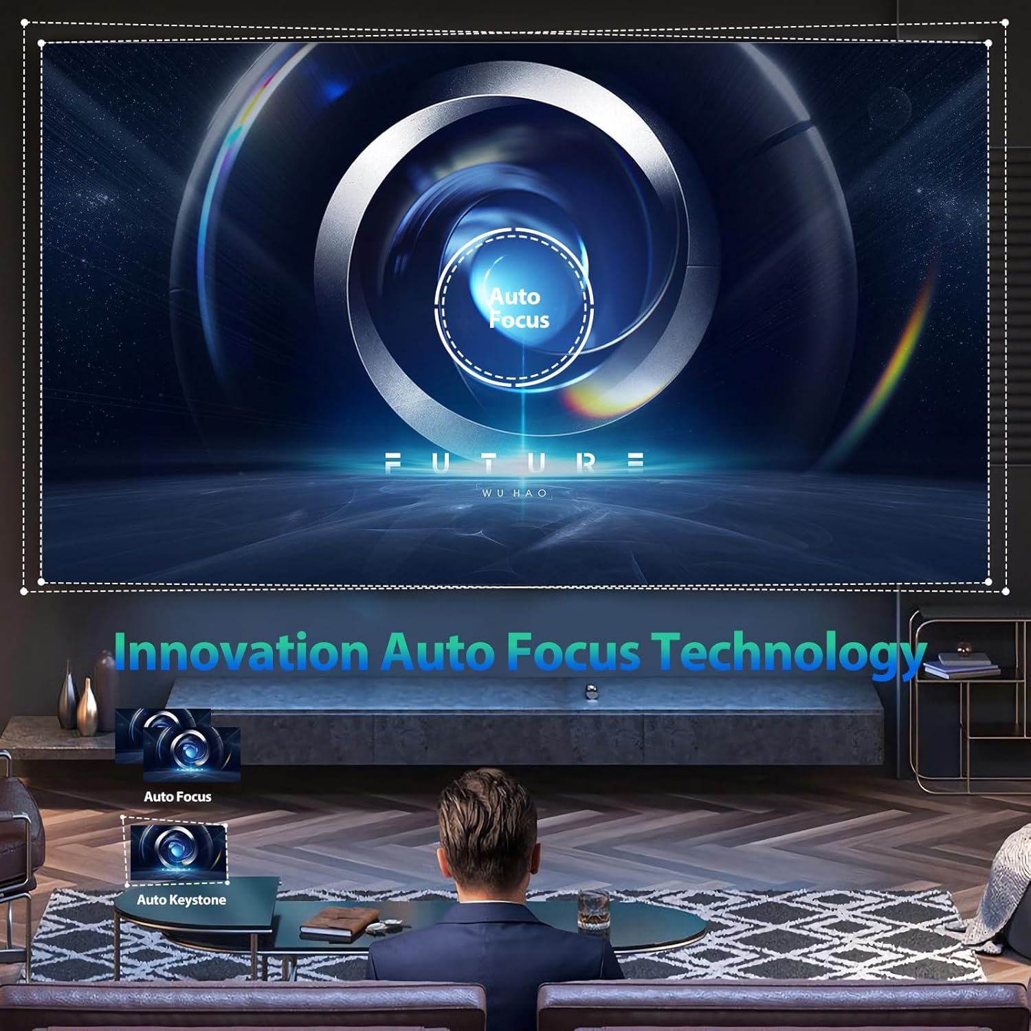 MoreJoy projector demonstrating auto focus and auto keystone correction technology