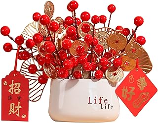 造花セット 赤いベリー 銅貨 鉢植え 新年飾り花 人工盆栽 金色の葉 枯れない花 赤い実 幸運 縁起のいい お正月装飾 新年祝い 結婚式 春節 クリスマス飾り 開店 新築 お祝い 贈答用 新年ギフト