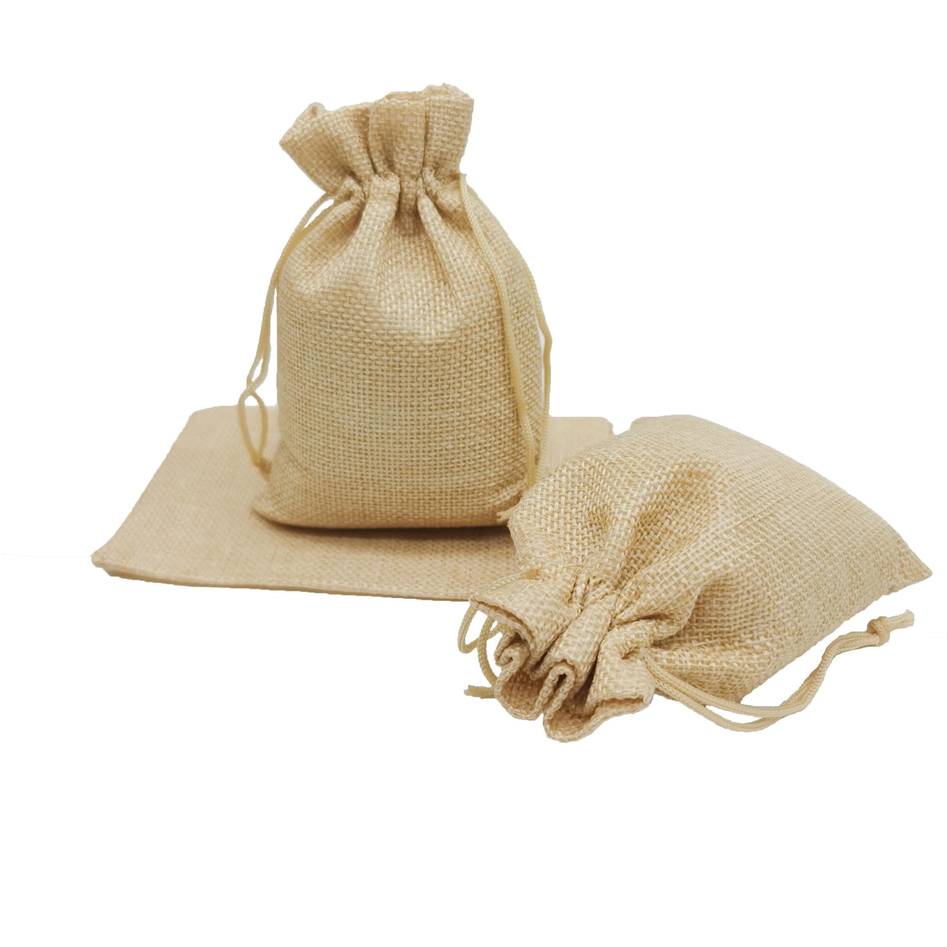 Lot de 60 sacs cadeaux en lin avec cordon de serrage - Pour bijoux, mariage, Noël, fête - Beige - 10 x 14 cm
