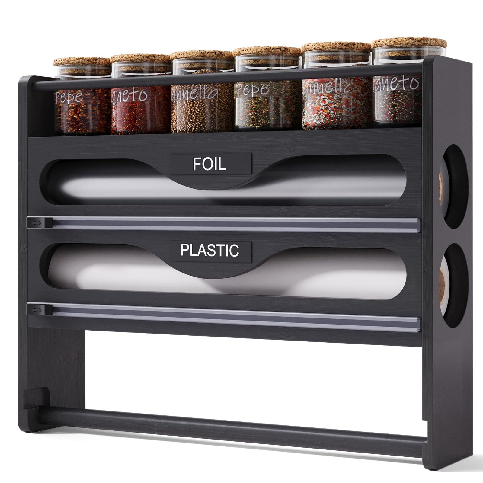 Wrap Dispenser with Cutter and Labels,4-in-1 Wall Mounted Bamboo Plastic Wrap Organizer with Spice shelf and Paper Towel Holder for Aluminum Foil,Cling Wrap,Wax,Parchment,Zipper Bags（Black）