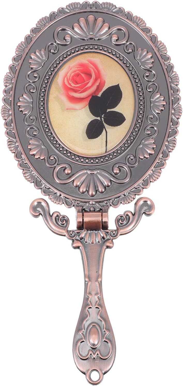 Retro Rose Handle Cosmetic Hand Mirror Large Foldable Handheld Makeup Mirror for Travel and Daily Use Portable Vintage with Single-Sided Elliptical Shape